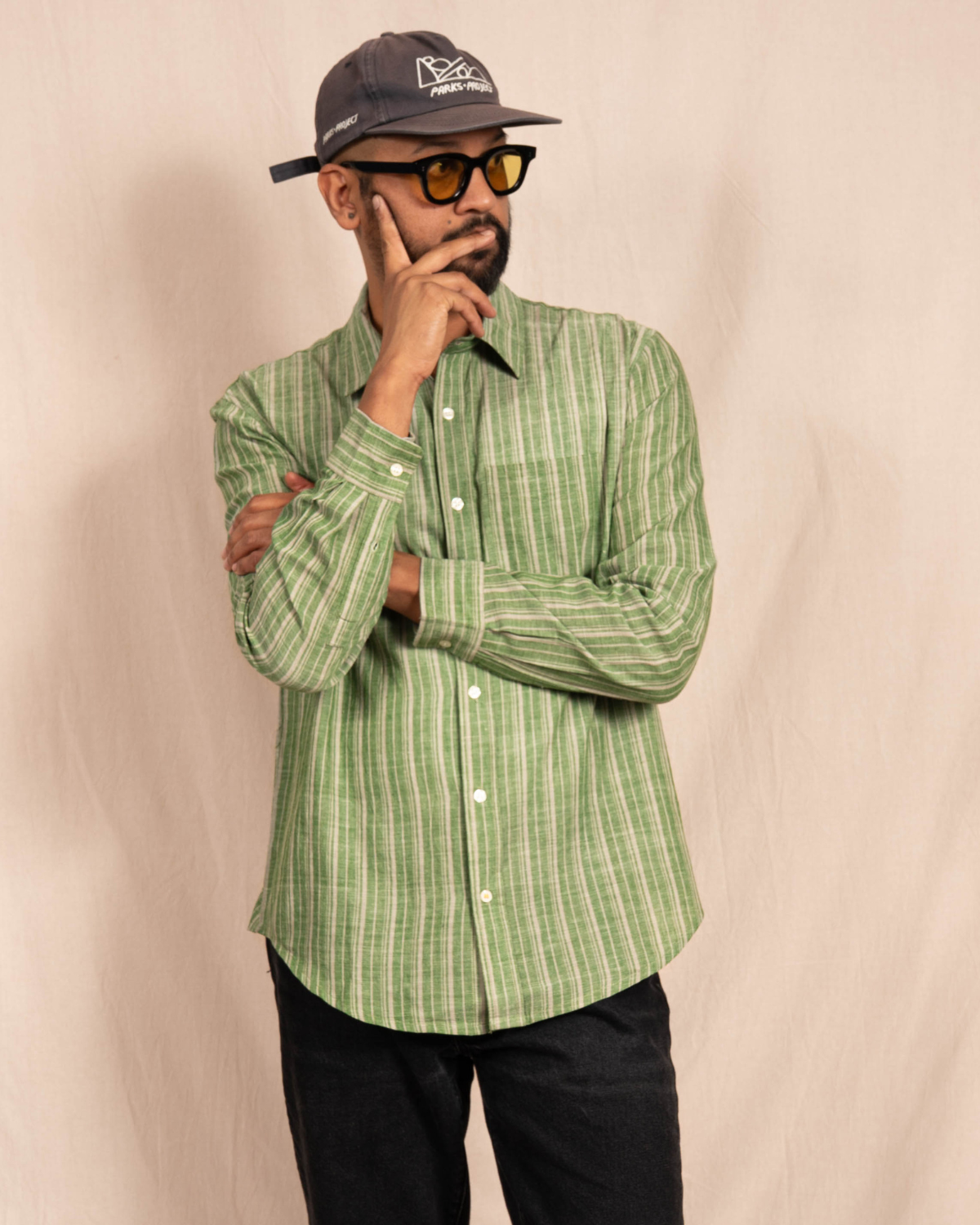 'The Brady' Long Sleeve Shirt in Green and White Stripes