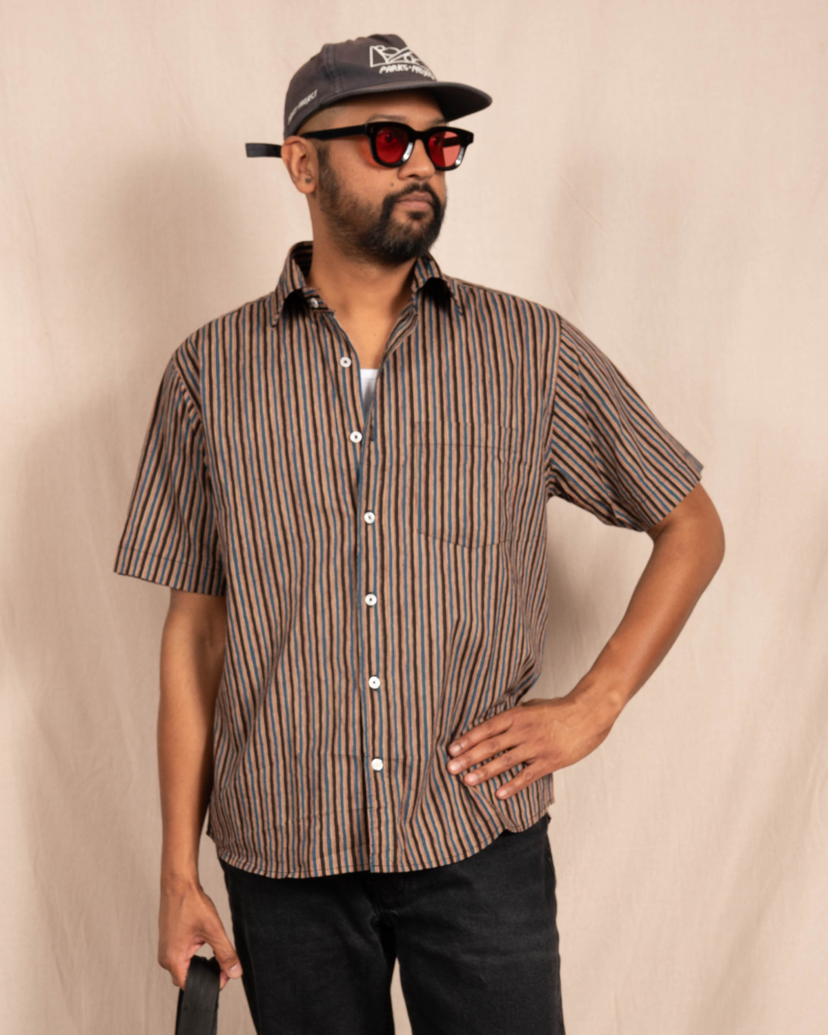'The Folk' Shirt in Blue, Brown and Gray Stripes