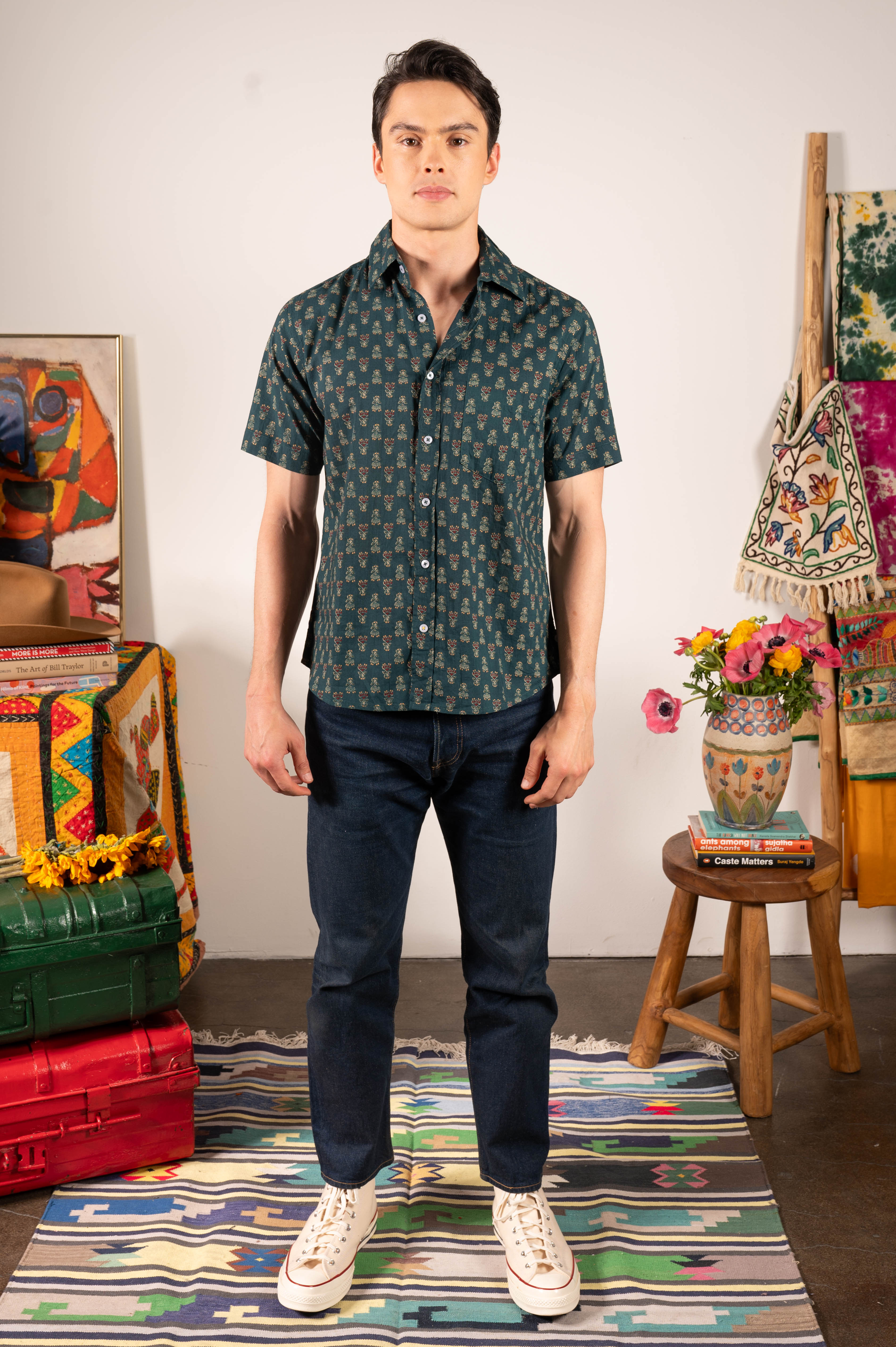 Hand Printed 'The Folk' Short Sleeve Shirt in Emerald Motif