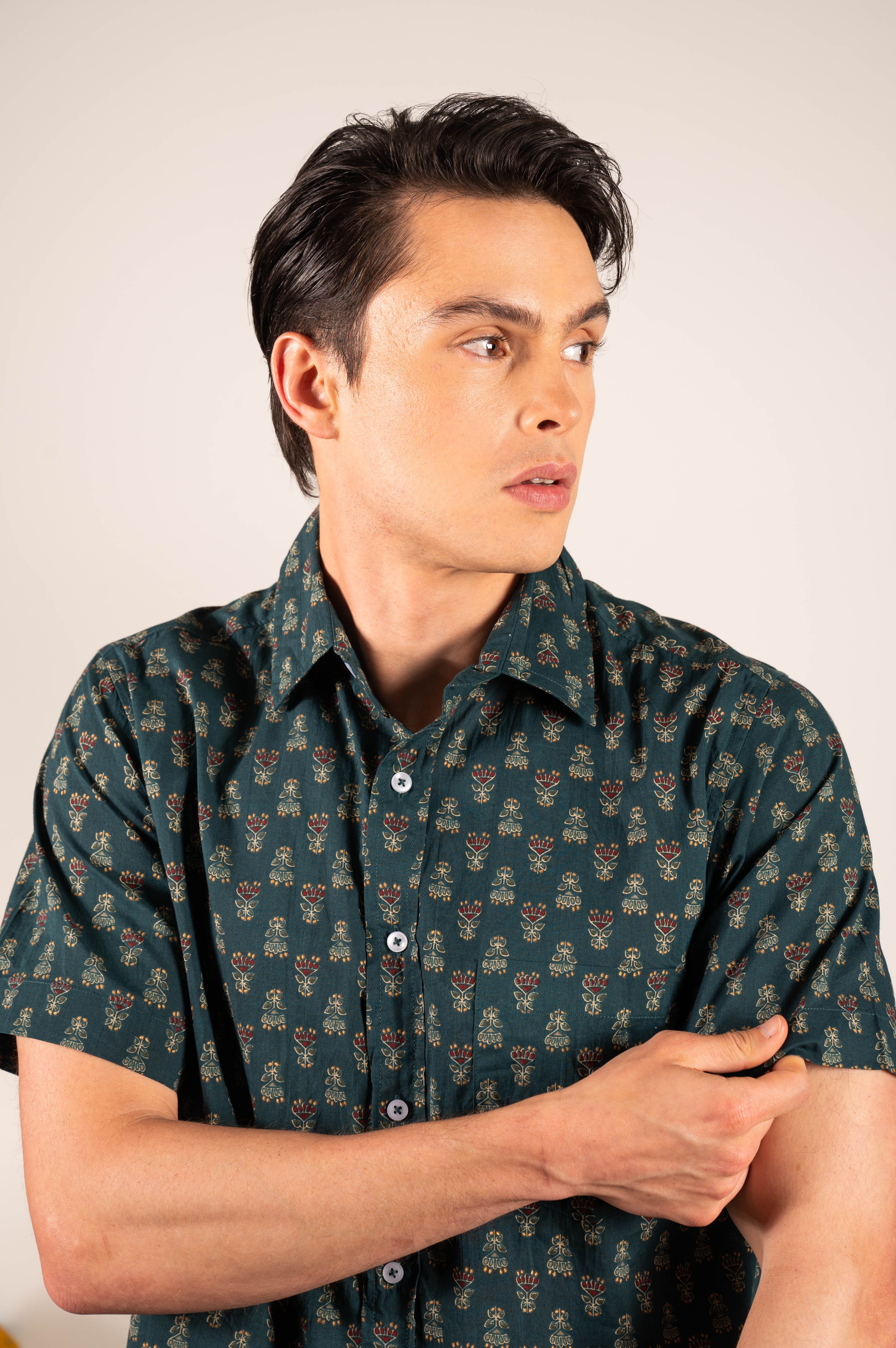 Hand Printed 'The Folk' Short Sleeve Shirt in Emerald Motif