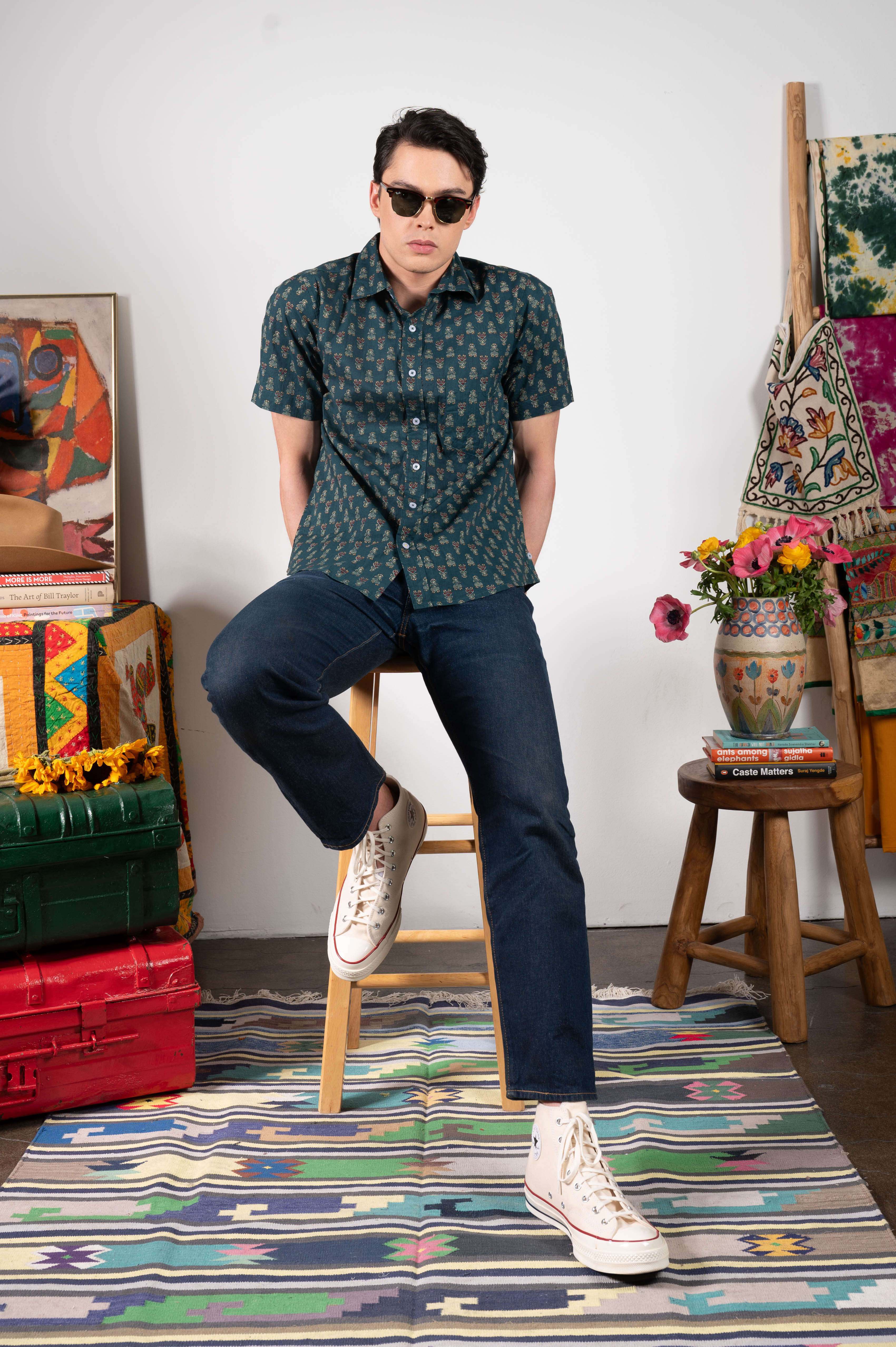 Hand Printed 'The Folk' Short Sleeve Shirt in Emerald Motif