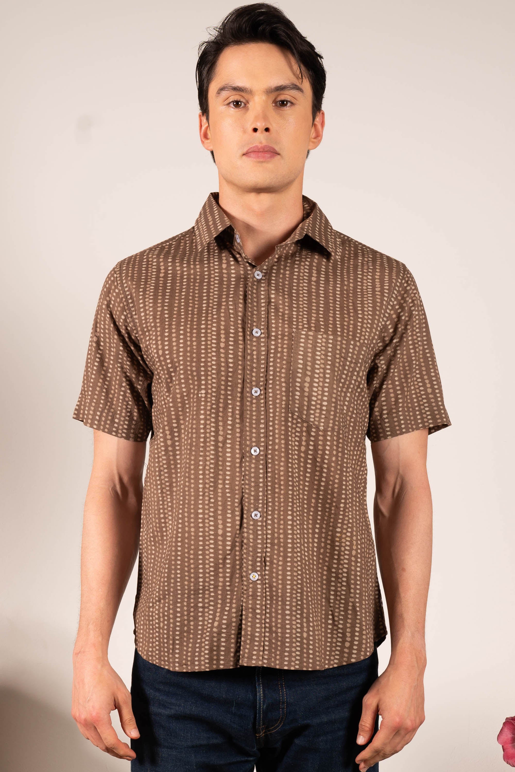 Hand Printed 'The Folk' Short Sleeve Shirt in Brown Bubbles Print