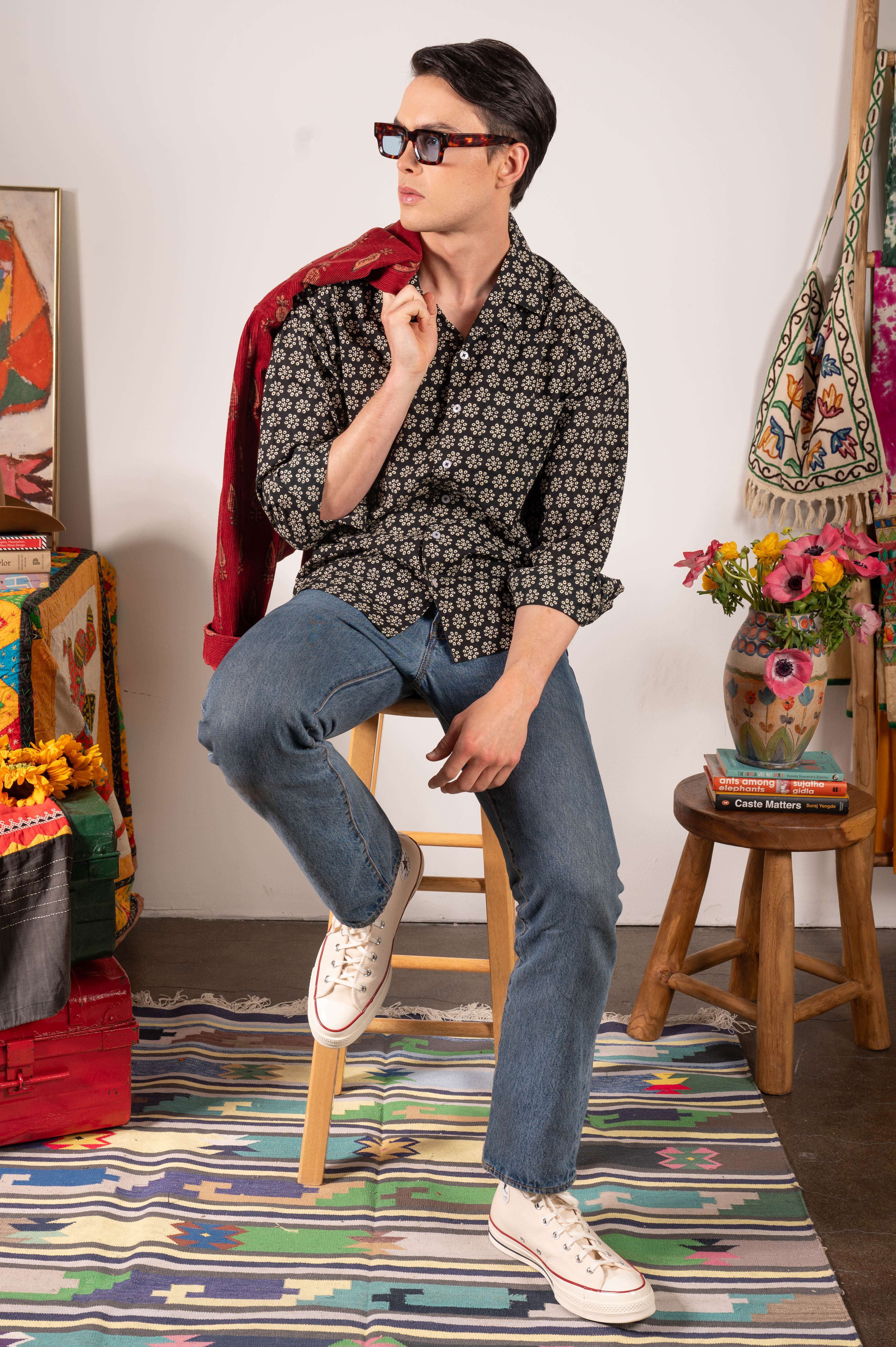 Hand Printed 'The Raj' Camp Collar Shirt in Black Octagon Motif