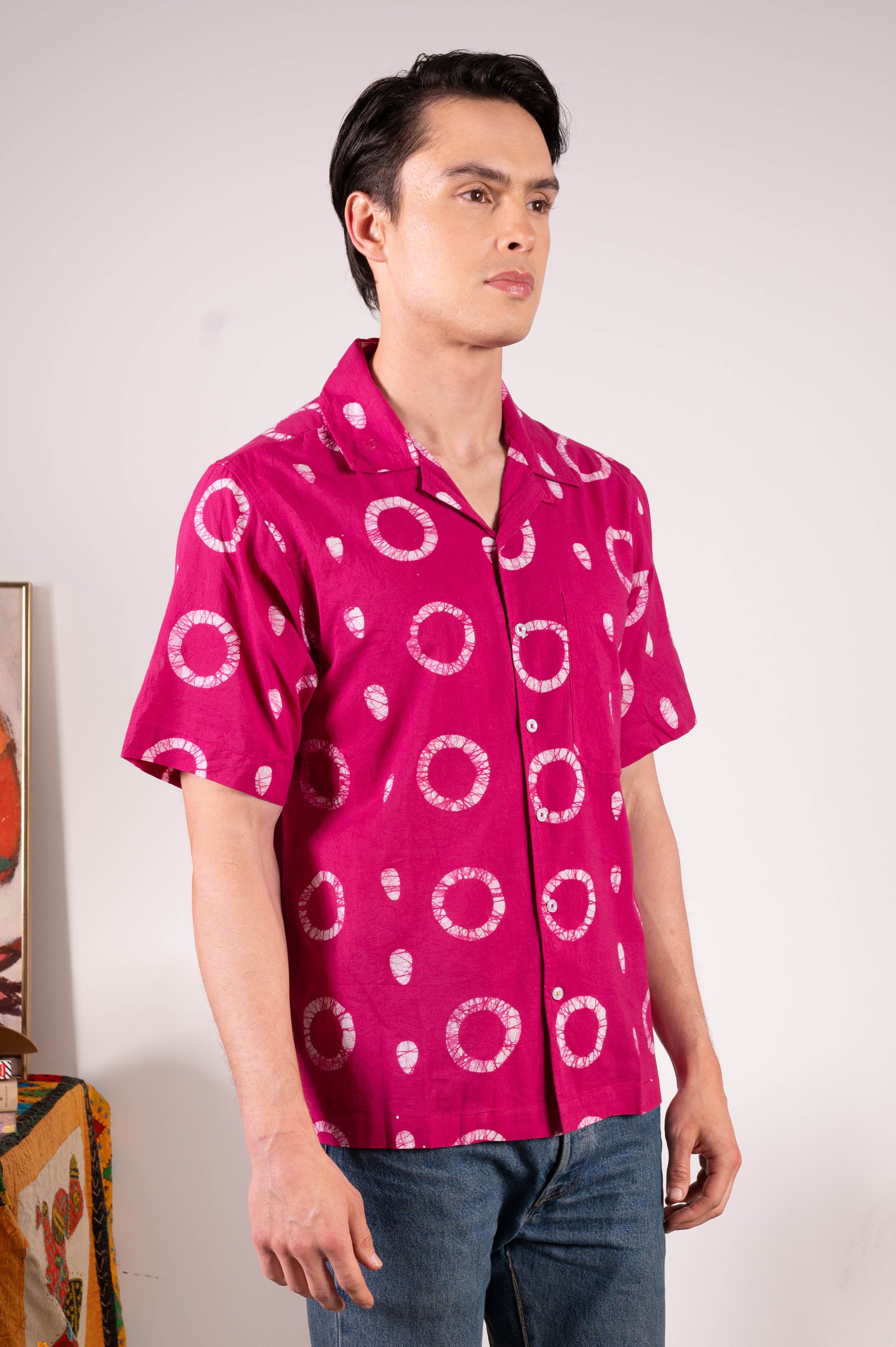 Hand Block Printed 'The Don' Camp Collar Shirt in Magenta Circles Art Print