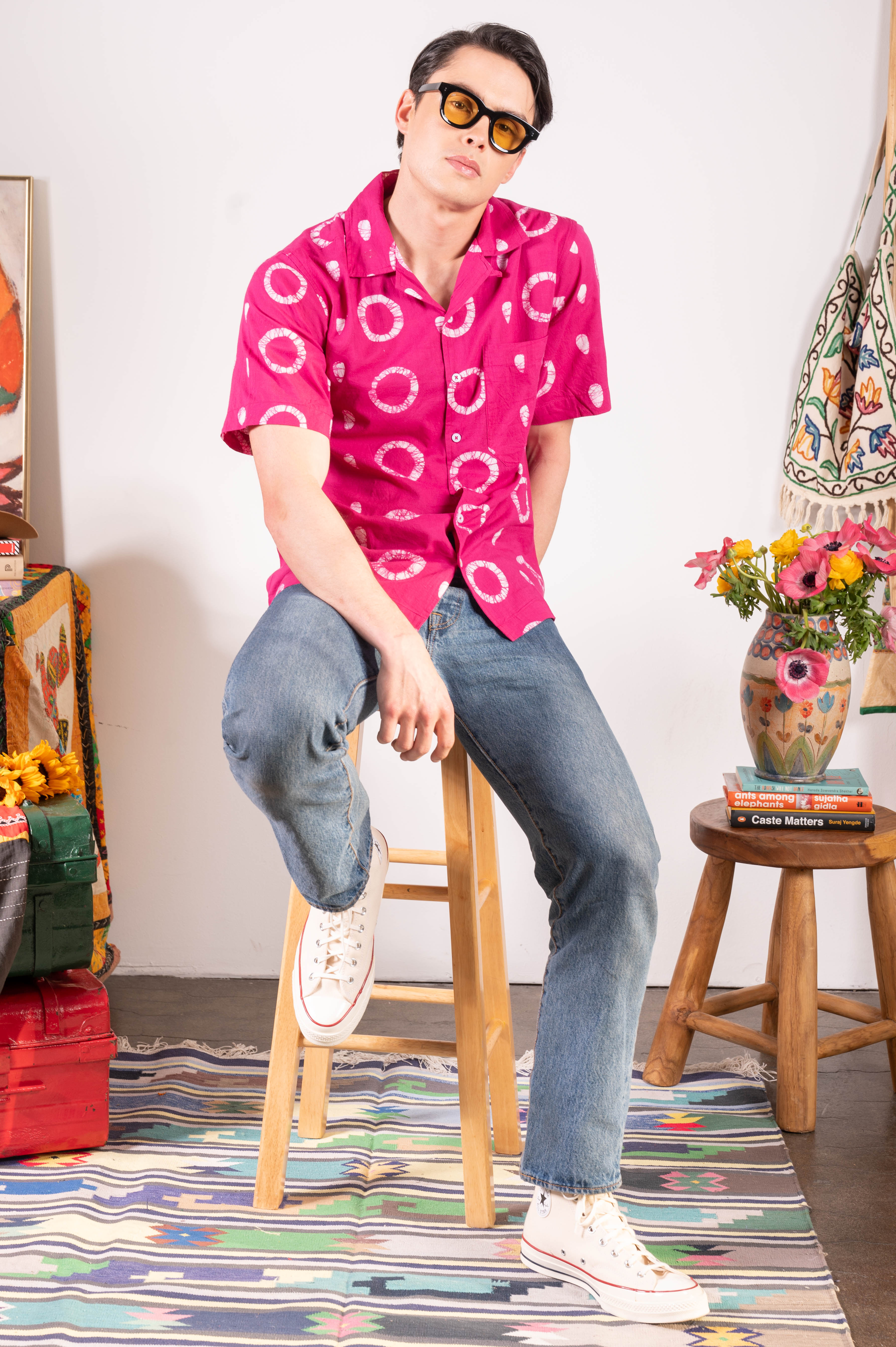 Hand Block Printed 'The Don' Camp Collar Shirt in Magenta Circles Art Print