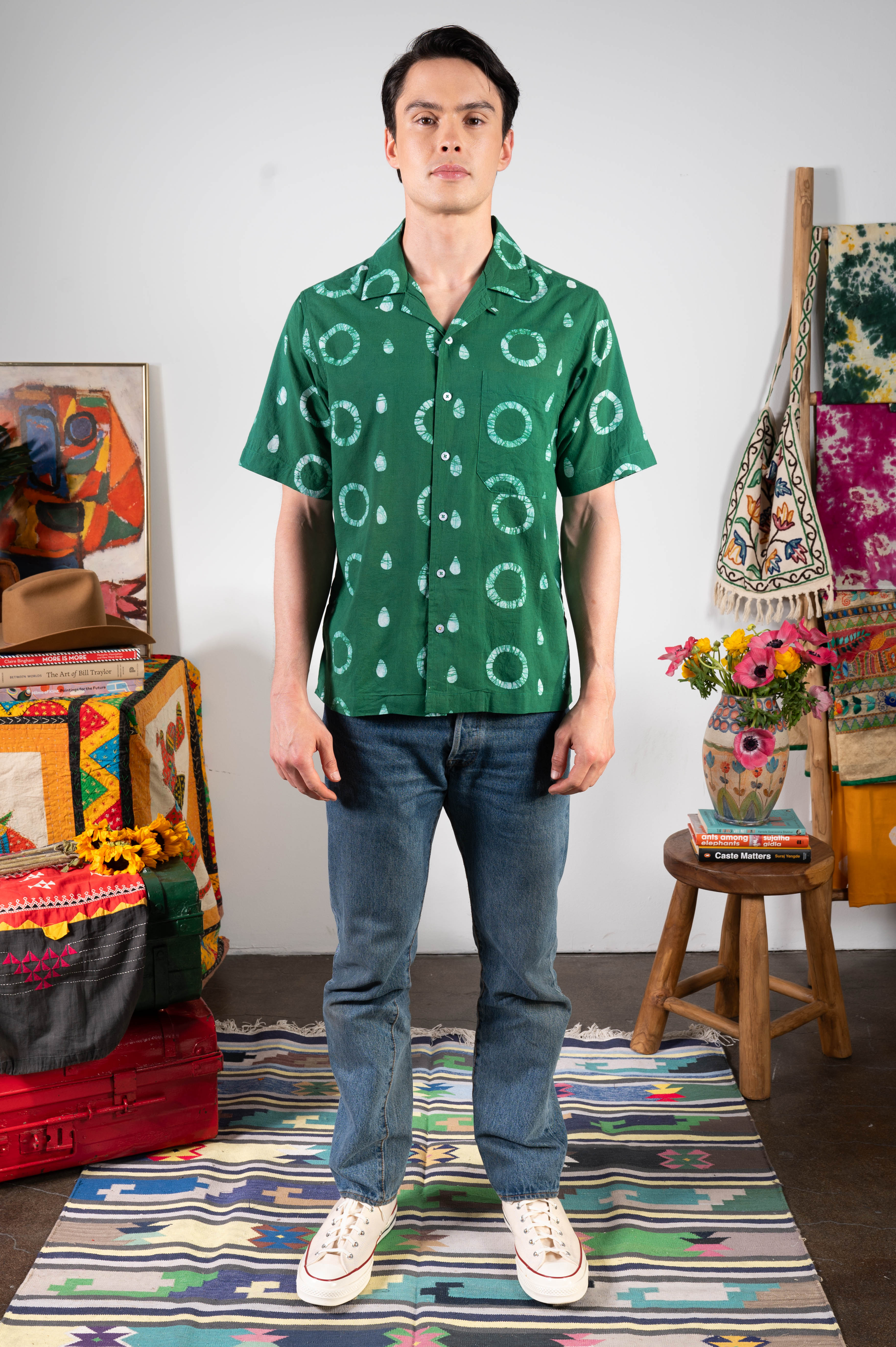 Hand Block Printed 'The Don' Camp Collar Shirt in Green Circles Art Print