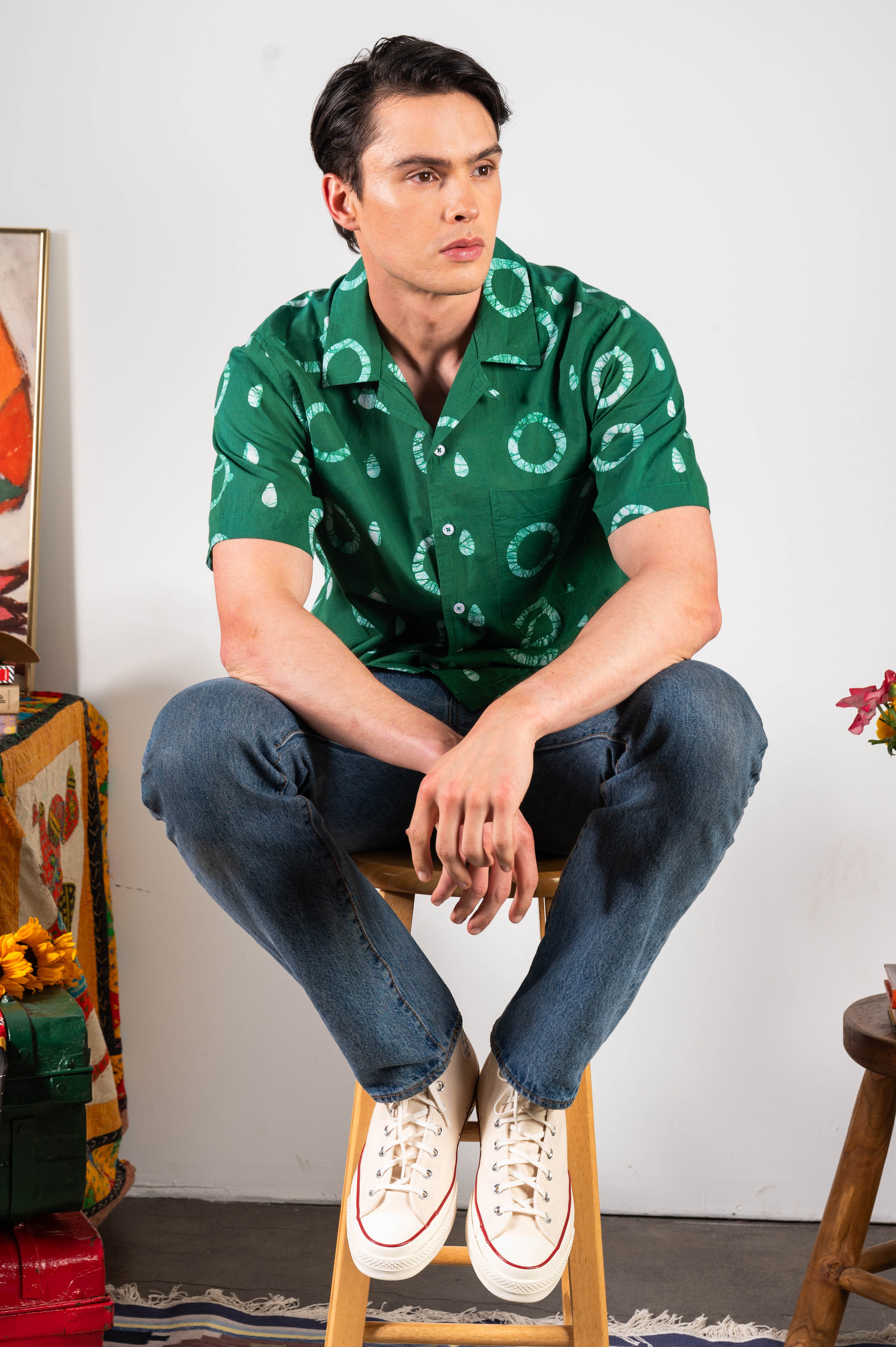Hand Block Printed 'The Don' Camp Collar Shirt in Green Circles Art Print
