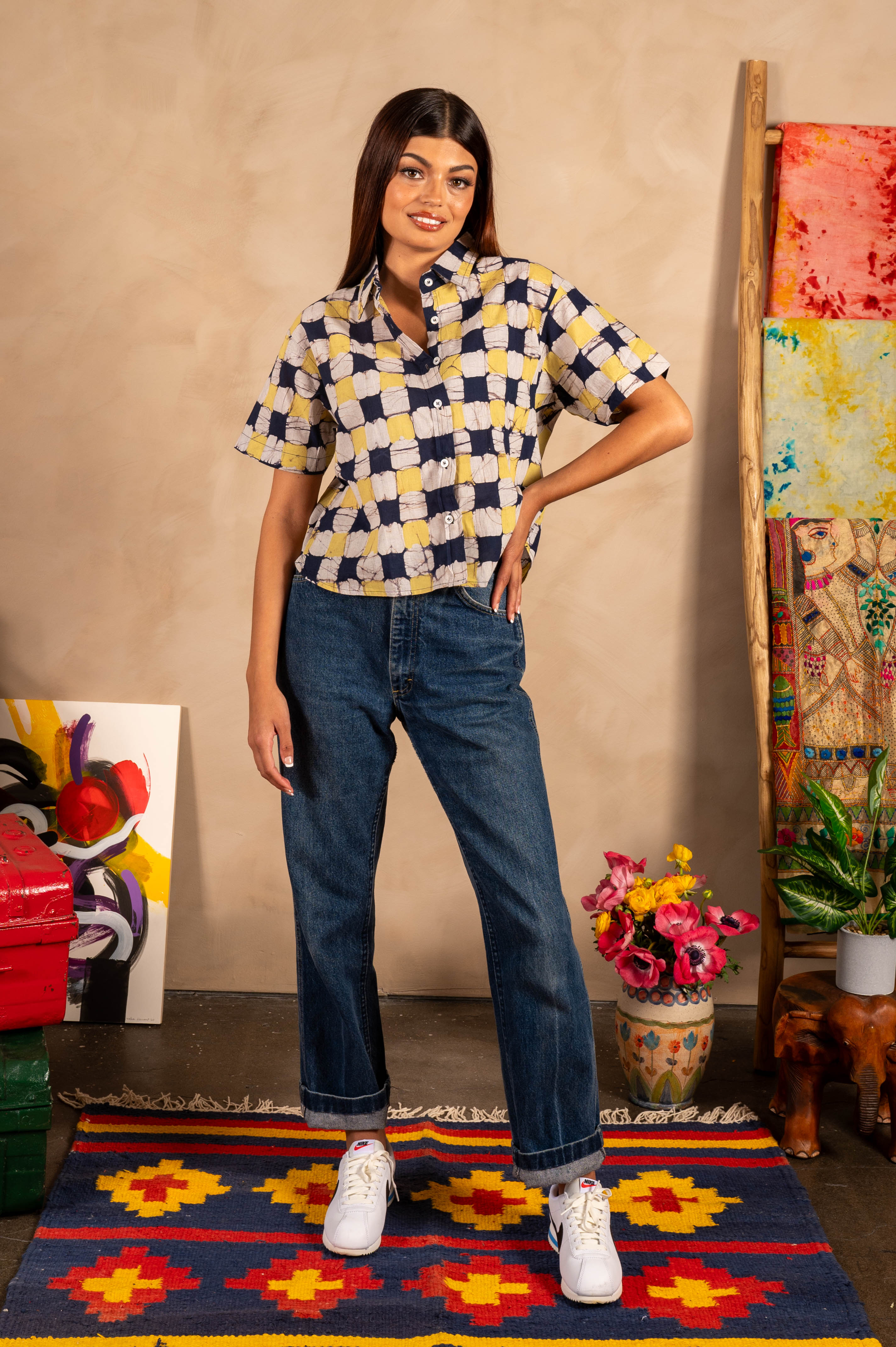 Hand Block Printed 'The Michelle' Shirt in Yellow and Black Chessboard Batik Print