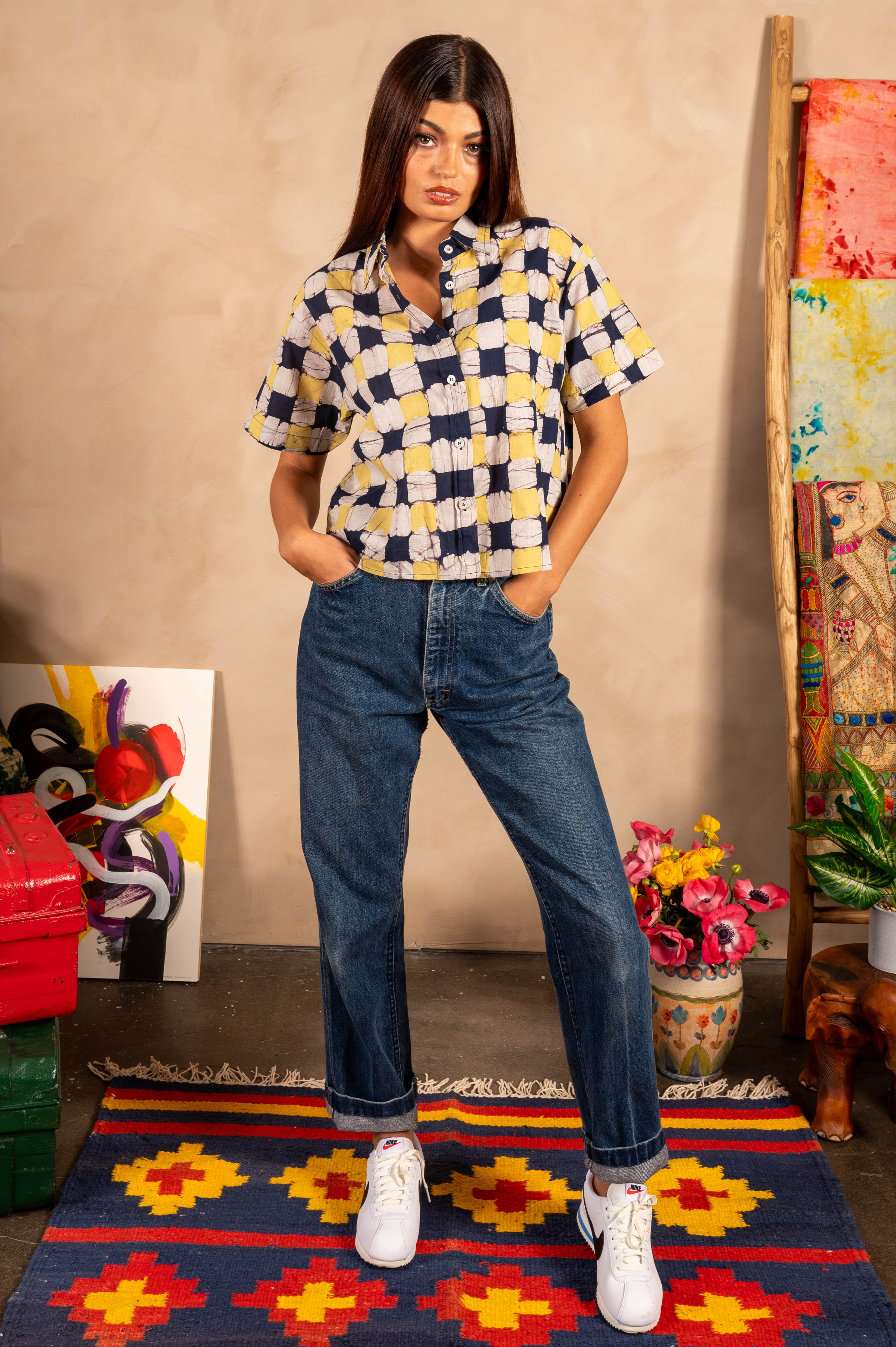 Hand Block Printed 'The Michelle' Shirt in Yellow and Black Chessboard Batik Print