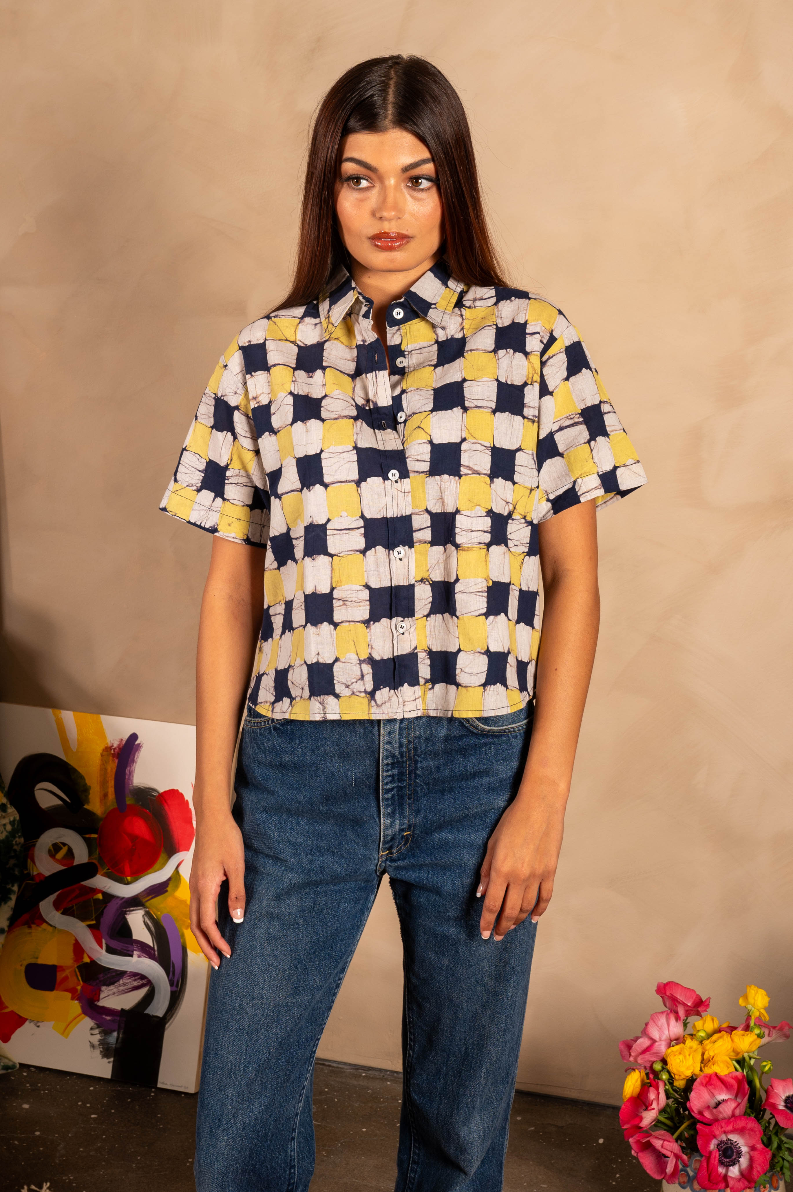 Hand Block Printed 'The Michelle' Shirt in Yellow and Black Chessboard Batik Print