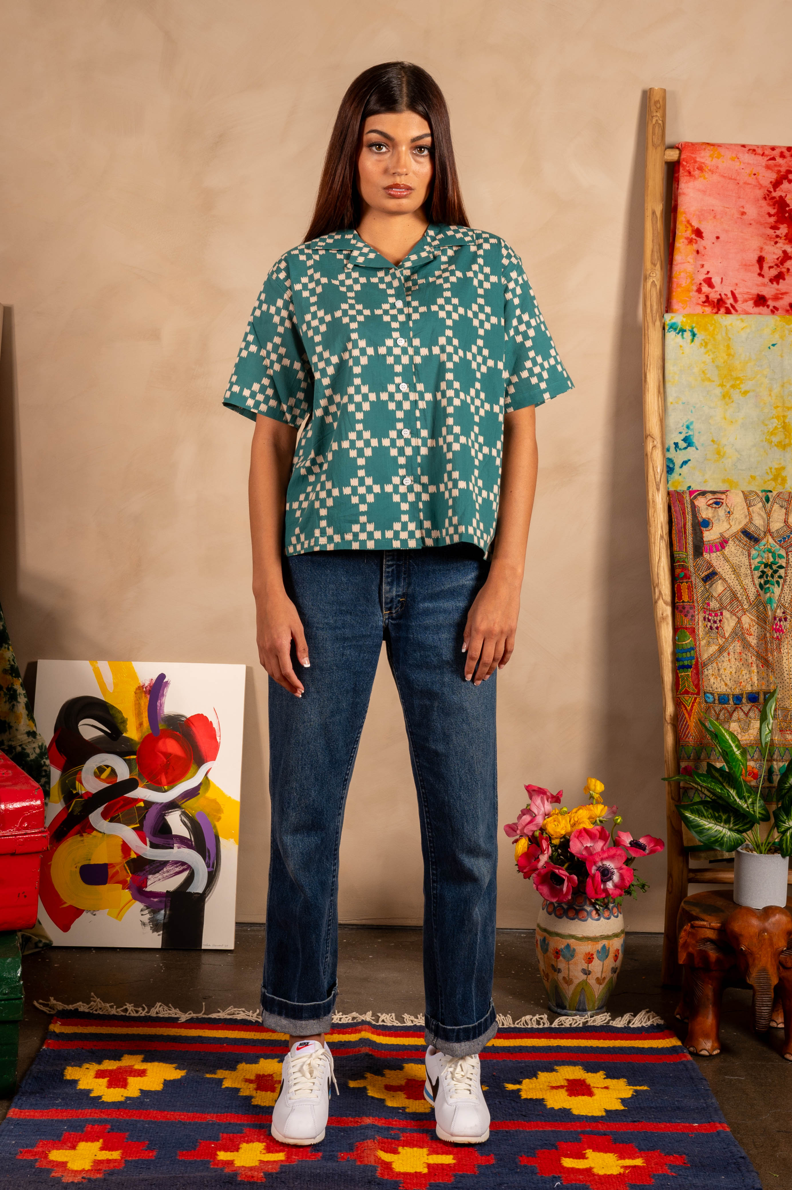 Hand Printed Camp Collar 'The Violet' Shirt in Green and White Squares