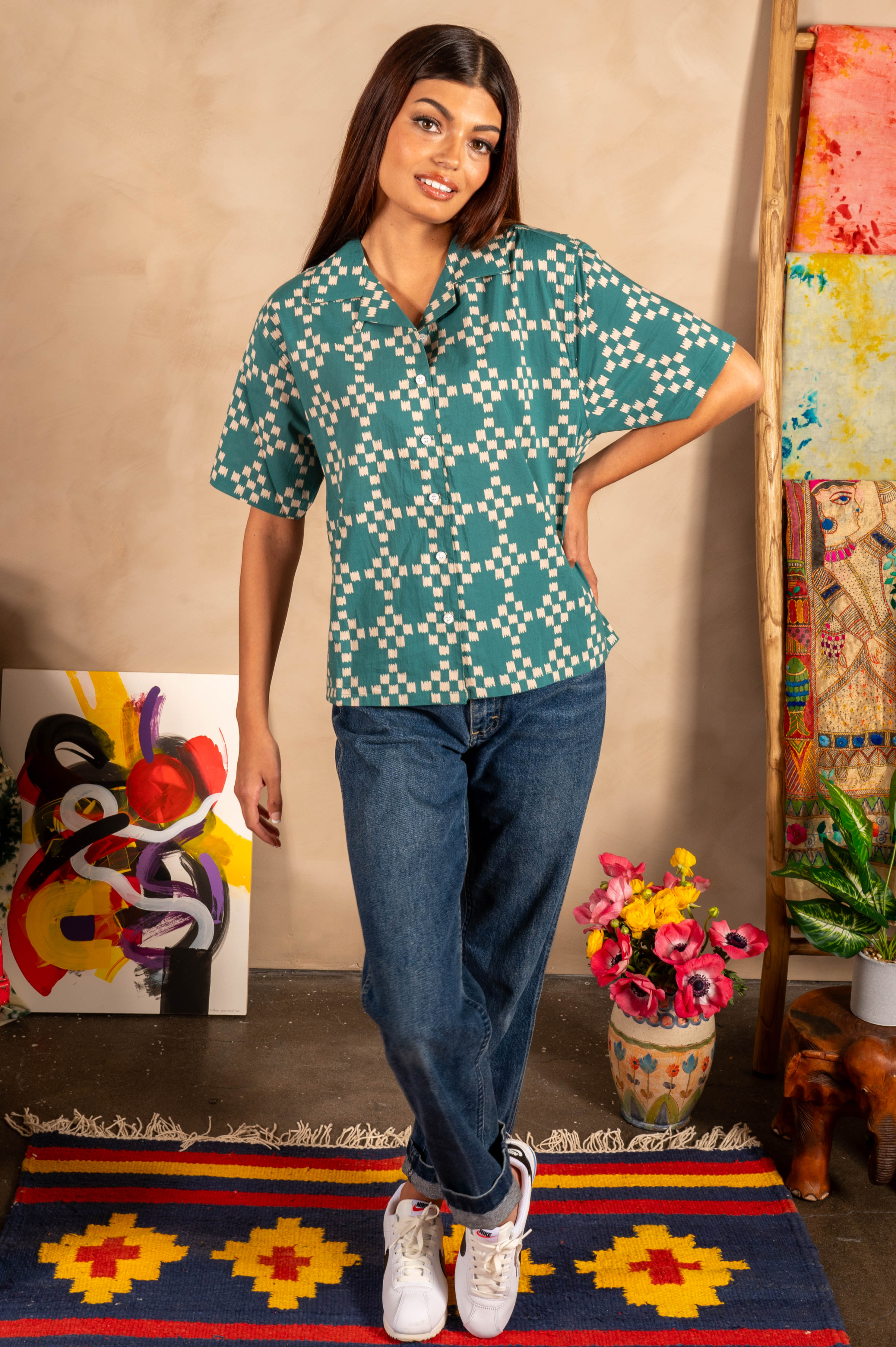 Hand Printed Camp Collar 'The Violet' Shirt in Green and White Squares