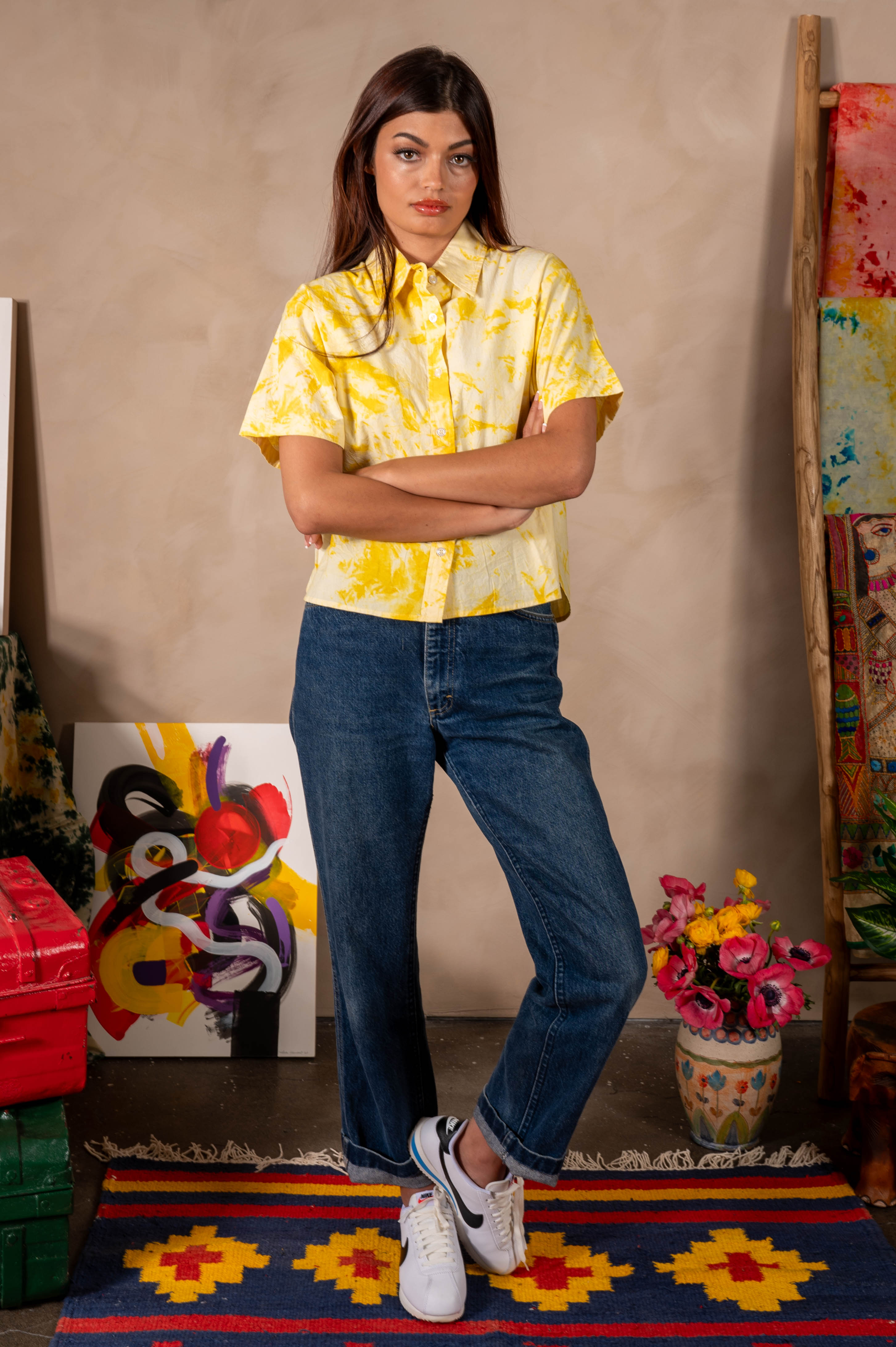 'The Michelle' Hand Dyed Short Sleeve Shirt in Yellow and White 'Citrus Splash' Tie Dye