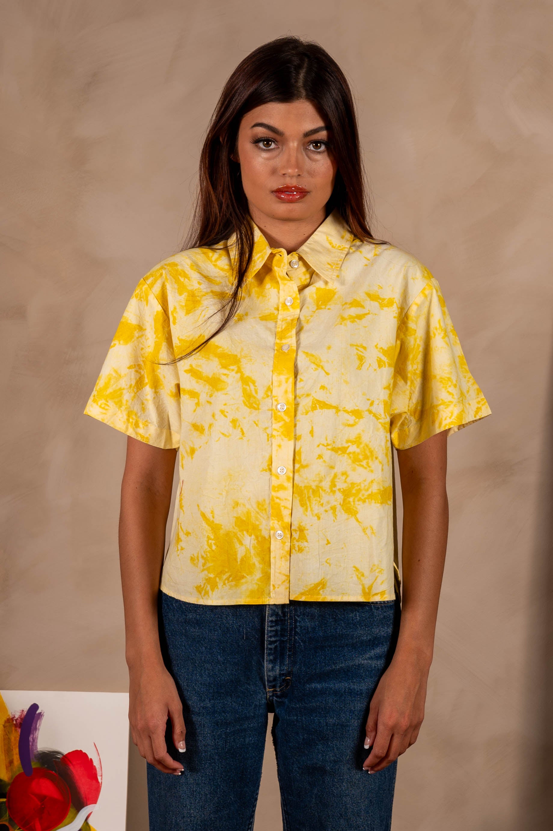 'The Michelle' Hand Dyed Short Sleeve Shirt in Yellow and White 'Citrus Splash' Tie Dye