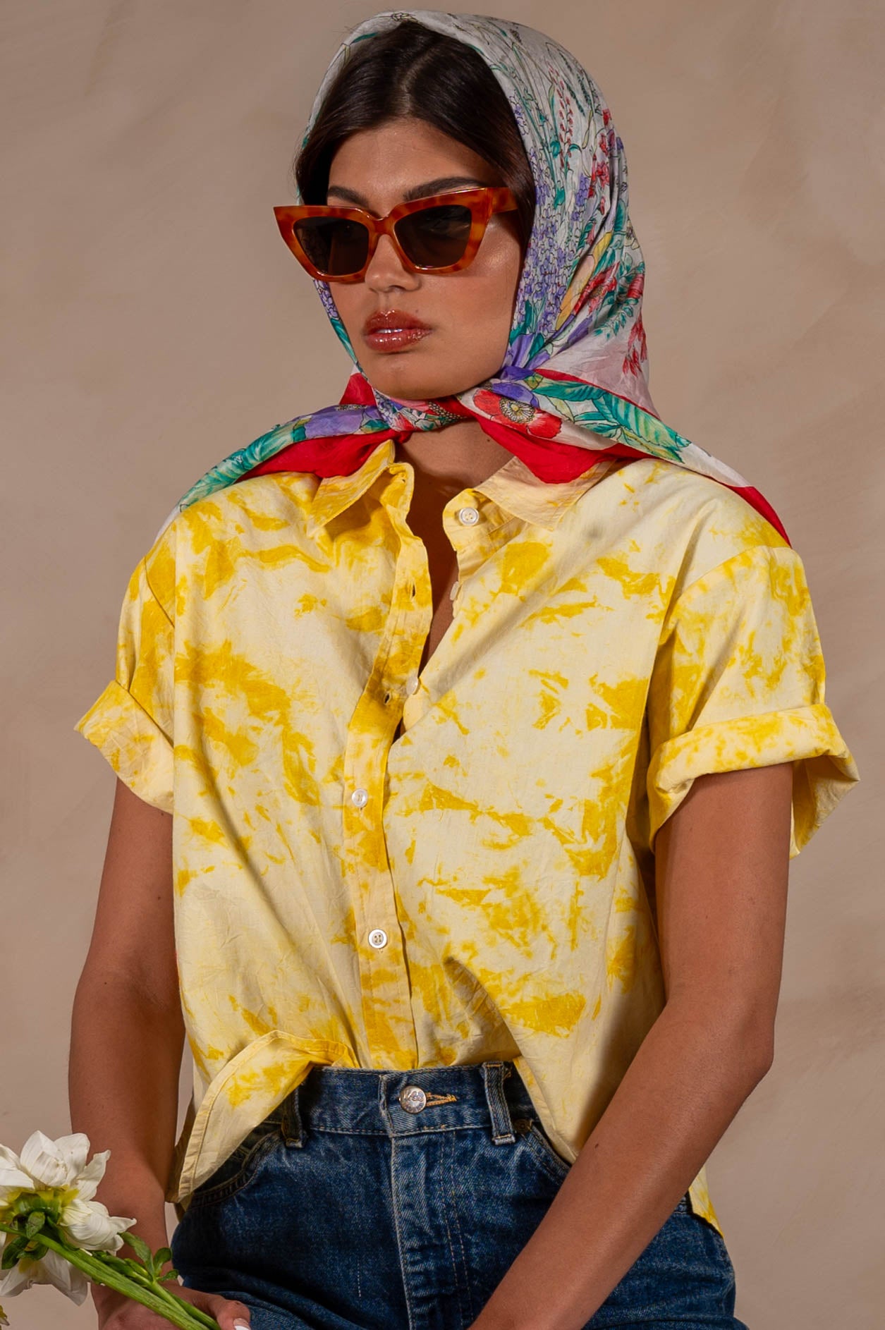 'The Michelle' Hand Dyed Short Sleeve Shirt in Yellow and White 'Citrus Splash' Tie Dye