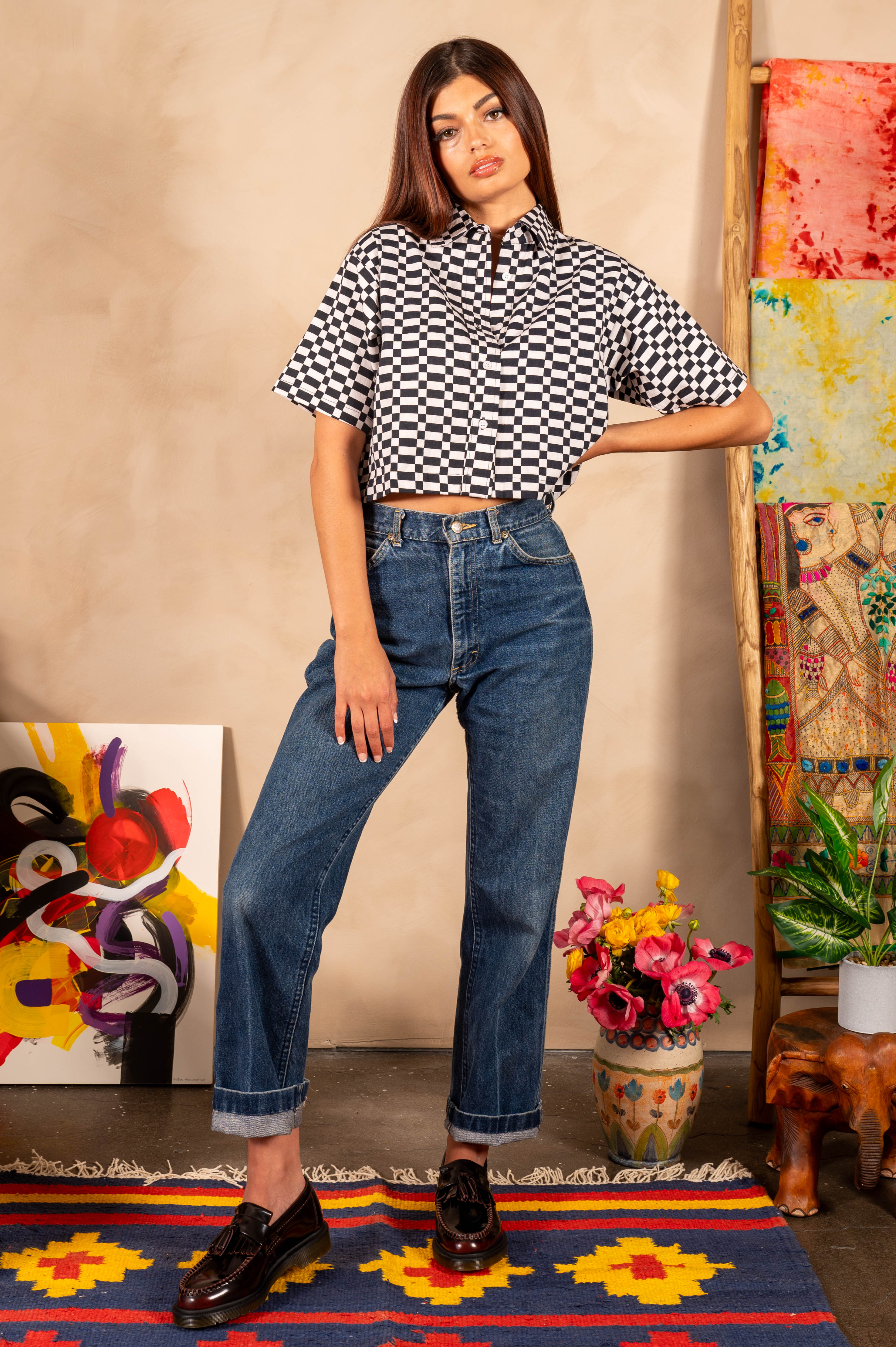 Hand Printed 'The Cami' Crop Shirt in Checkers Twill