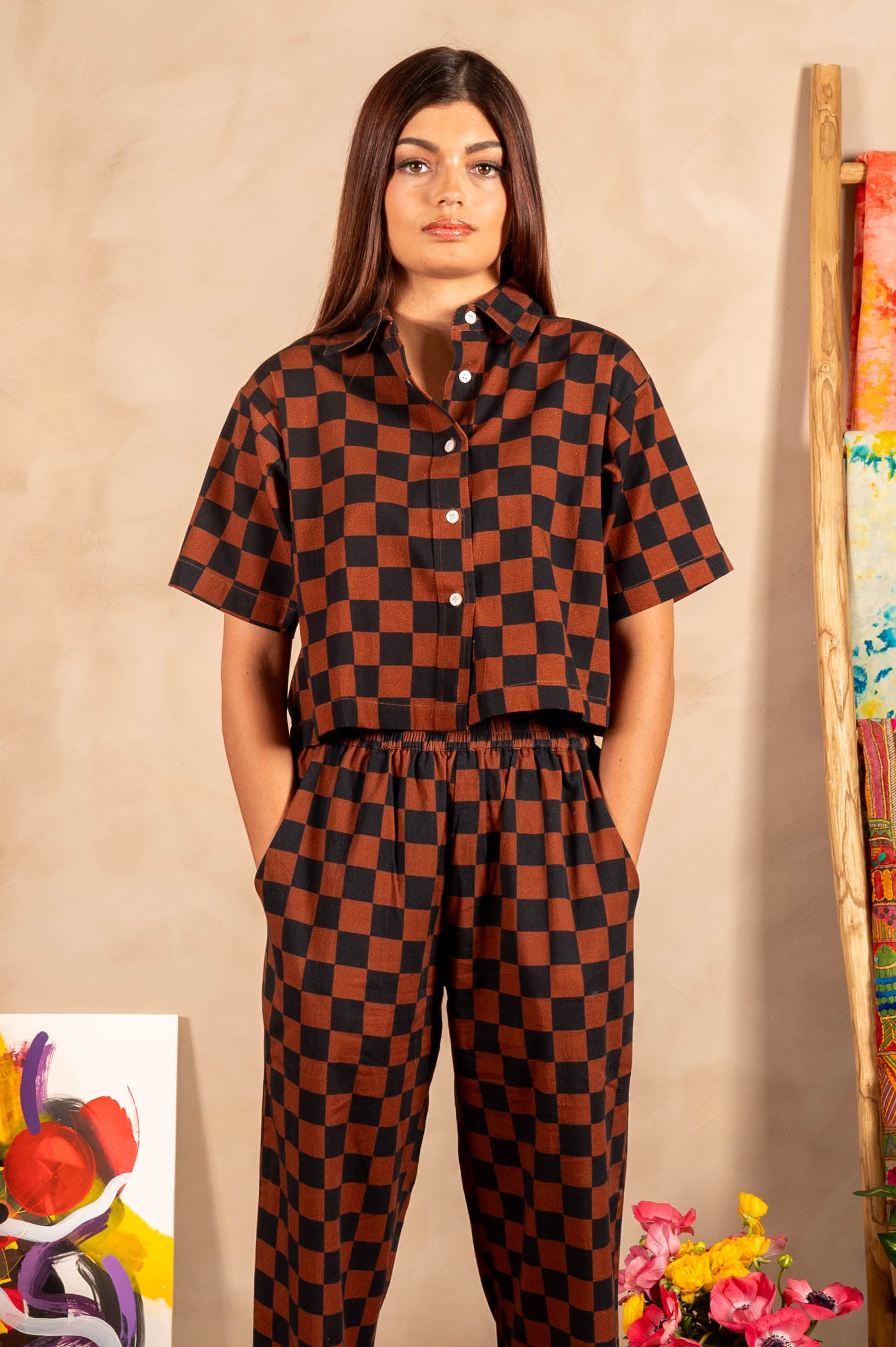 Hand Printed 'The Cami' Crop Shirt in Chocolate and Black Chessboard