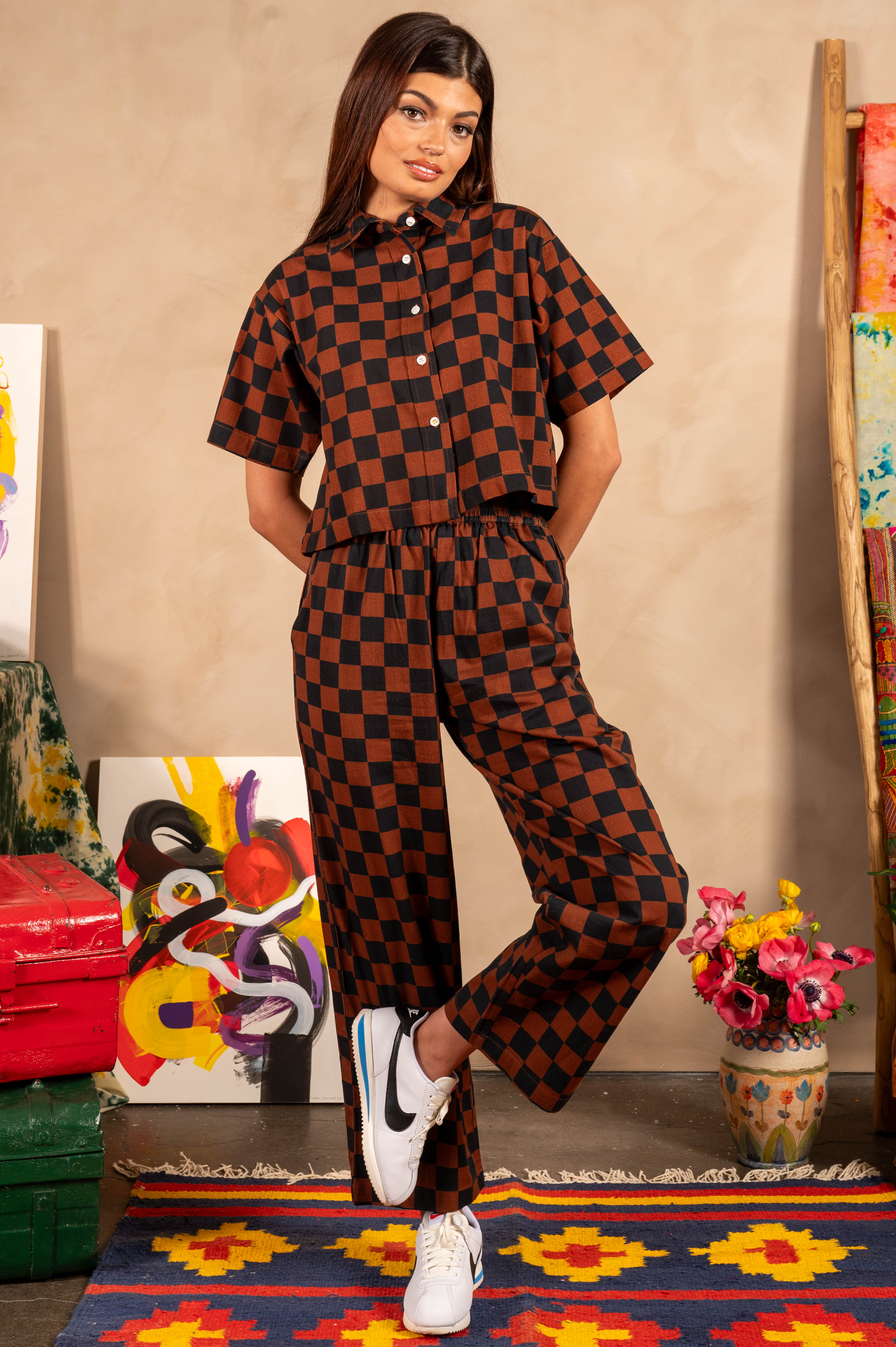 Hand Printed 'The Cami' Crop Shirt in Chocolate and Black Chessboard