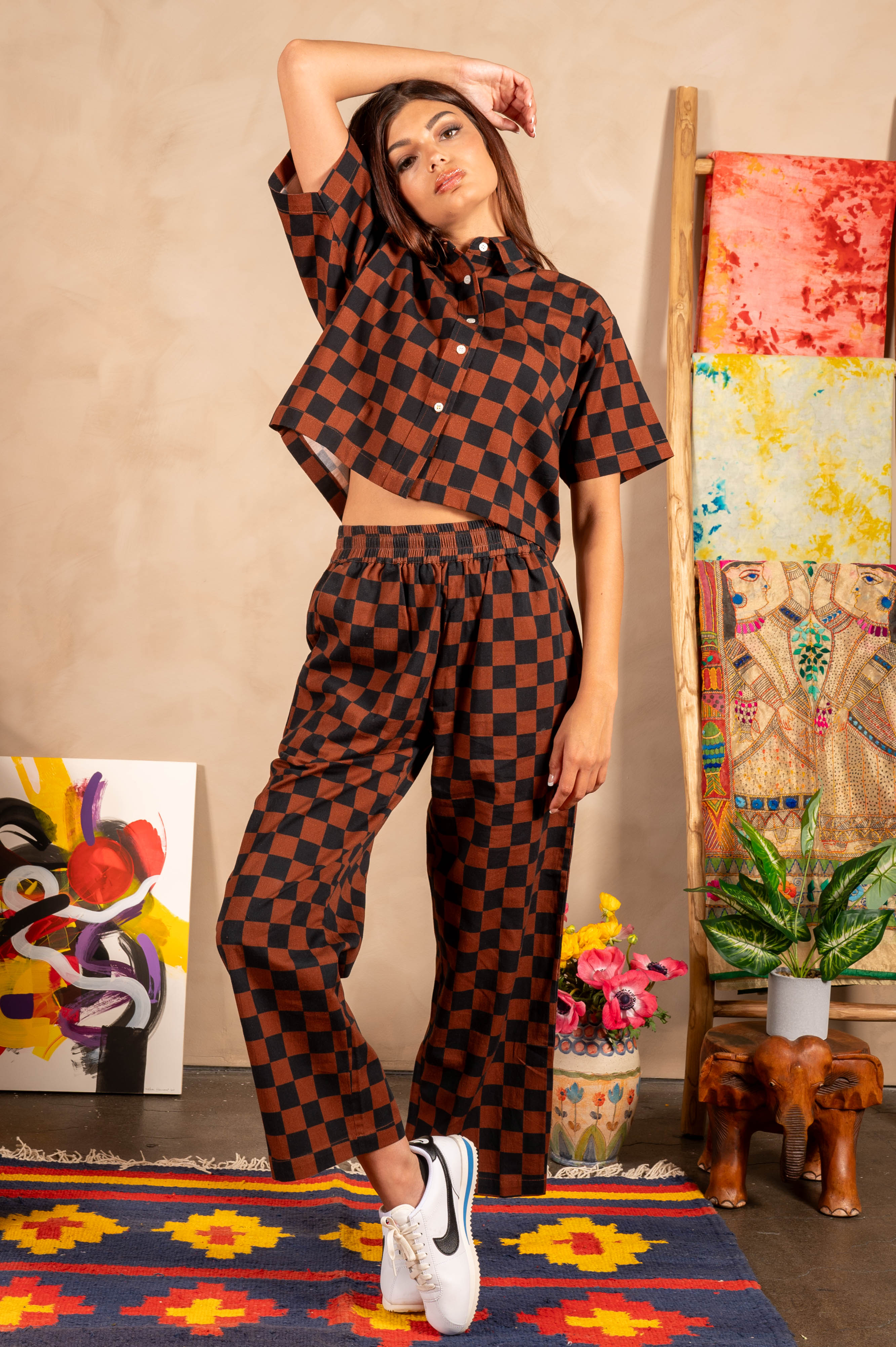 Hand Printed 'Seema' Pants in Chocolate and Black Chessboard