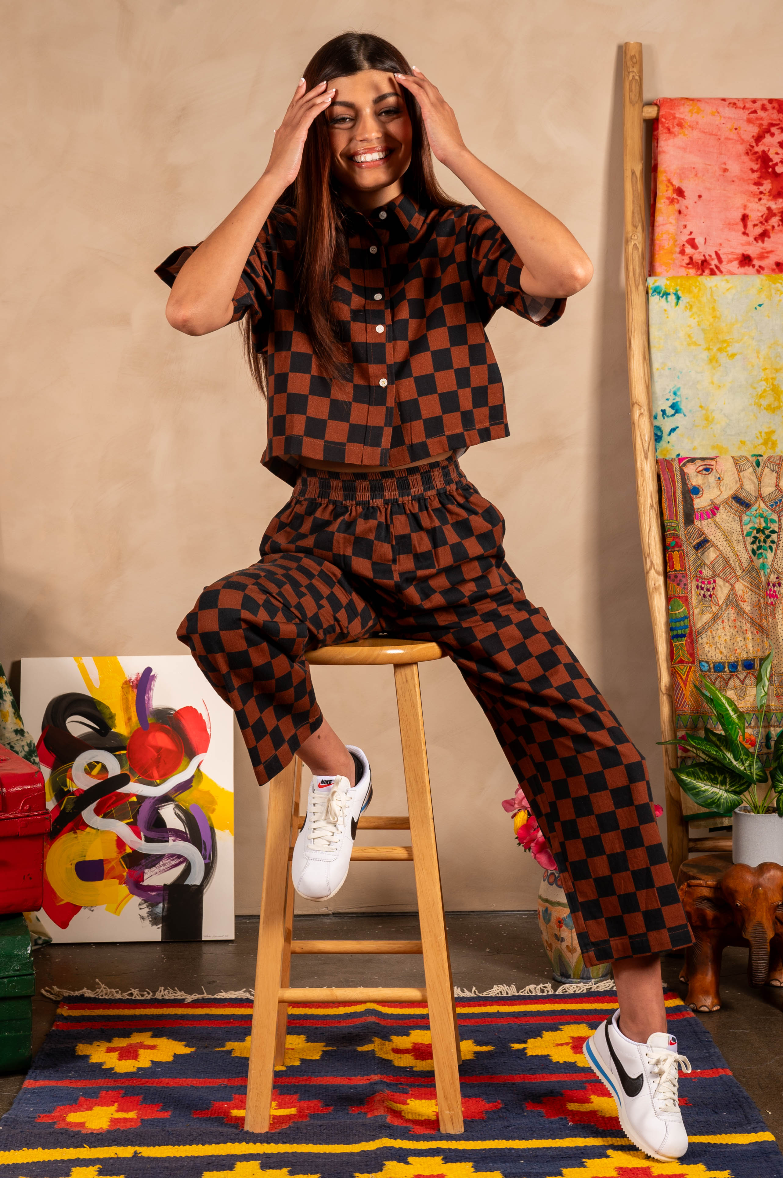 Hand Printed 'Seema' Pants in Chocolate and Black Chessboard