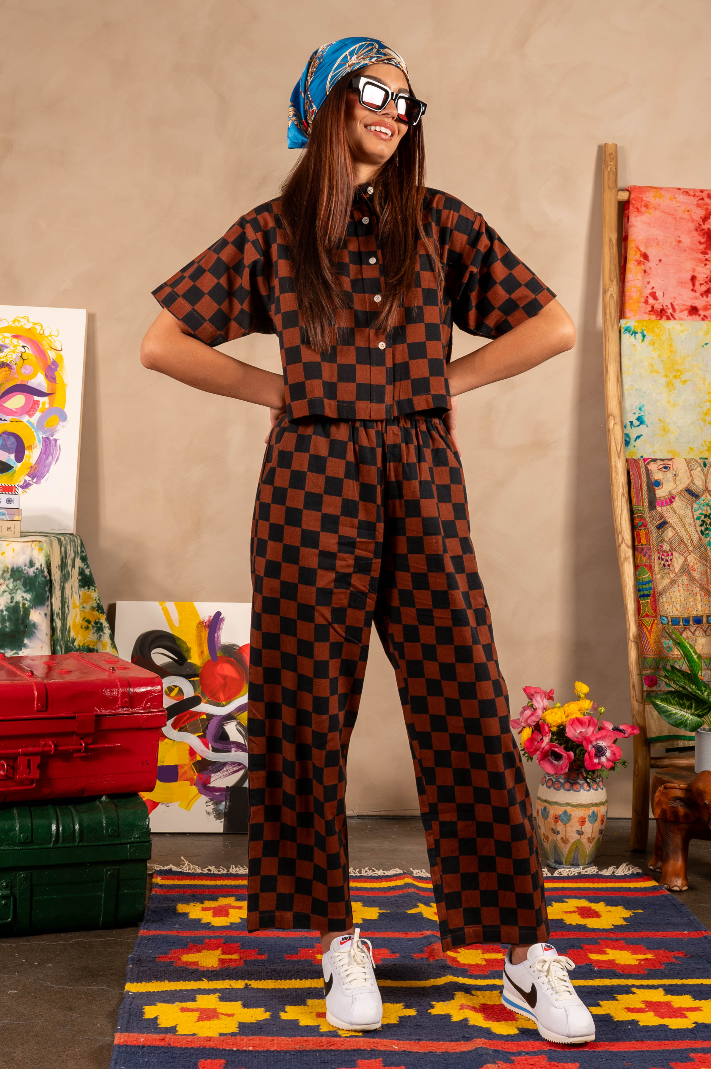 Hand Printed 'The Cami' Crop Shirt in Chocolate and Black Chessboard