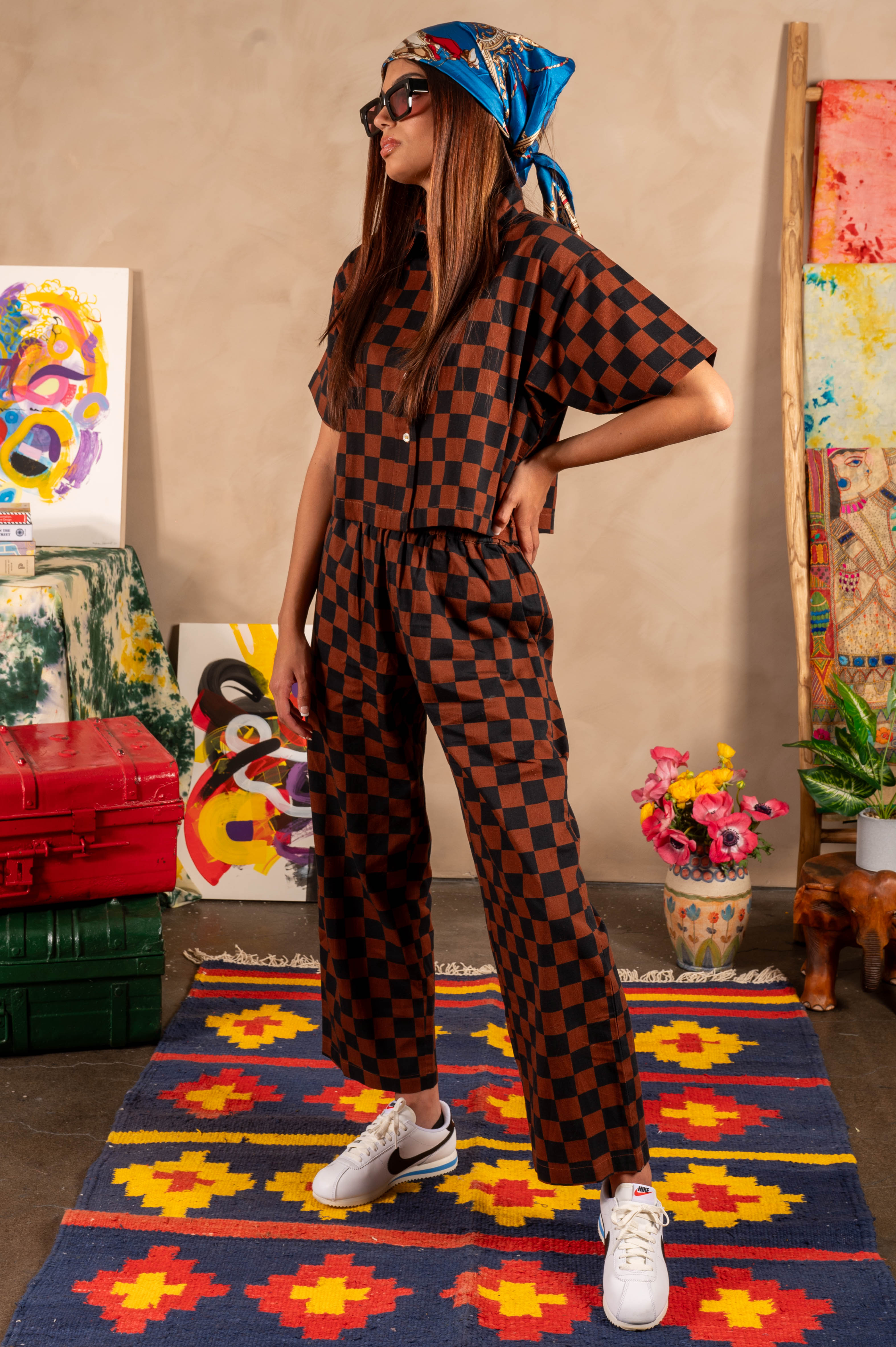 Hand Printed 'Seema' Pants in Chocolate and Black Chessboard