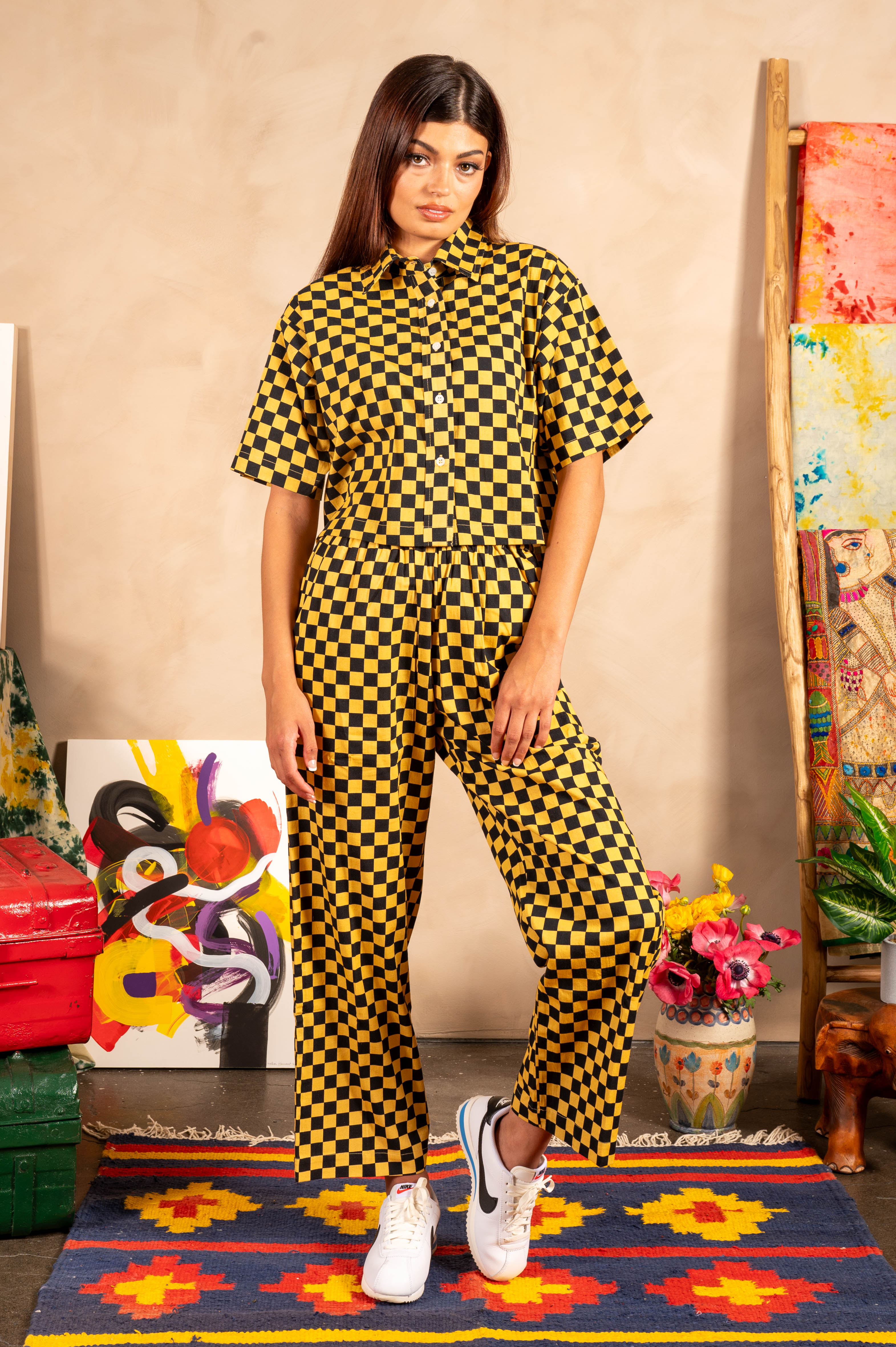 Hand Printed 'Seema' Pants in Black and Yellow Checkers
