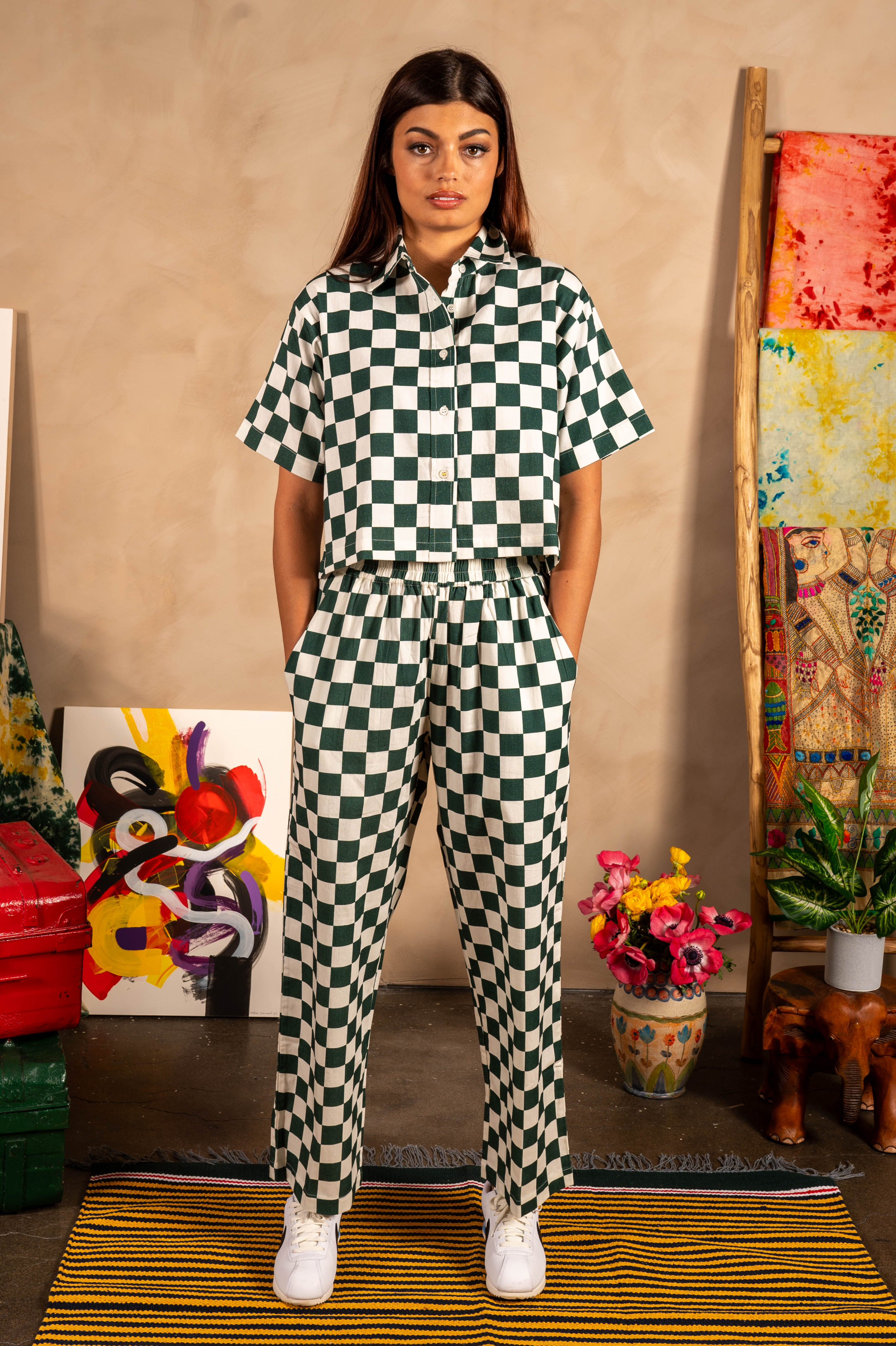 Hand Printed 'The Cami' Crop Shirt in Green and White Chessboard