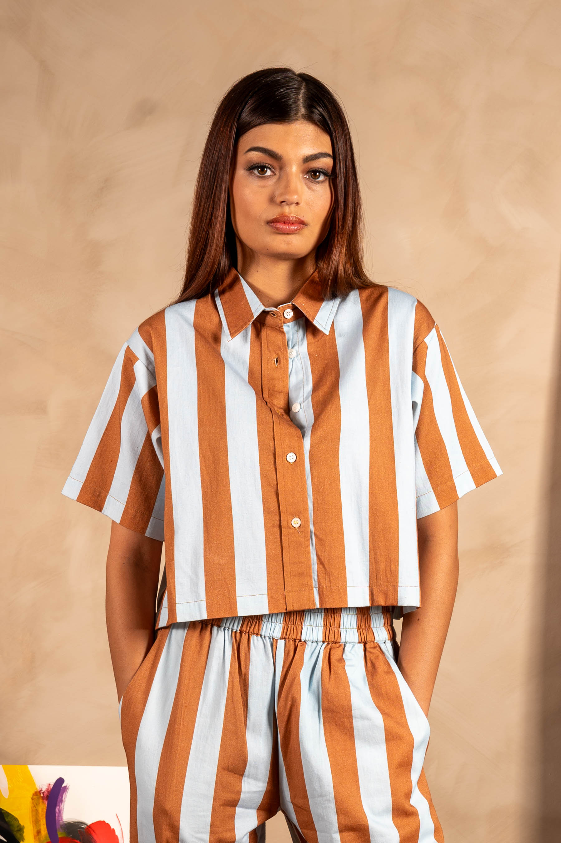 Hand Printed 'The Cami' Crop Shirt in Blue and Brown Stripes