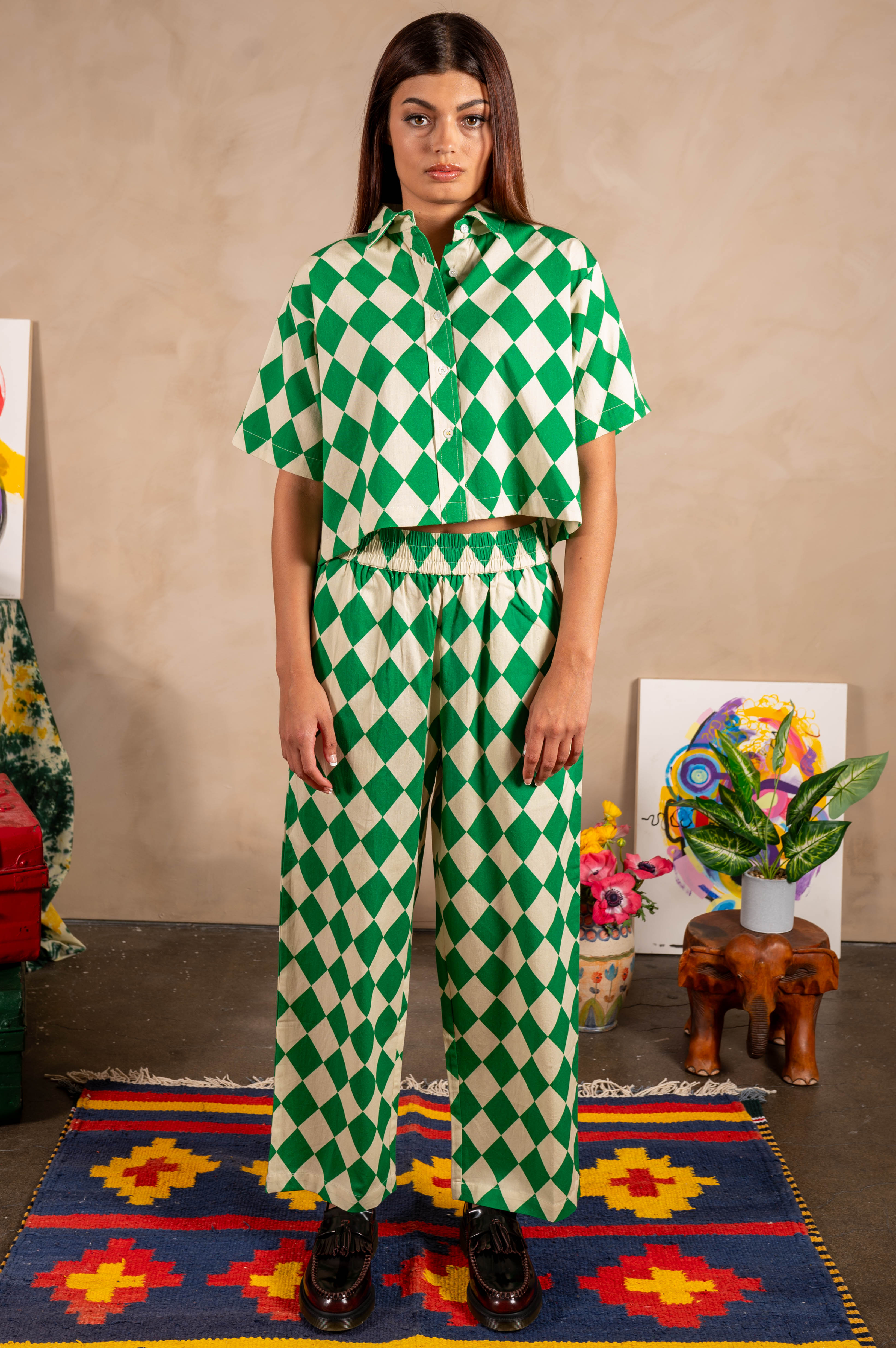 Hand Printed 'Seema' Pants in Green and Beige Rhombus