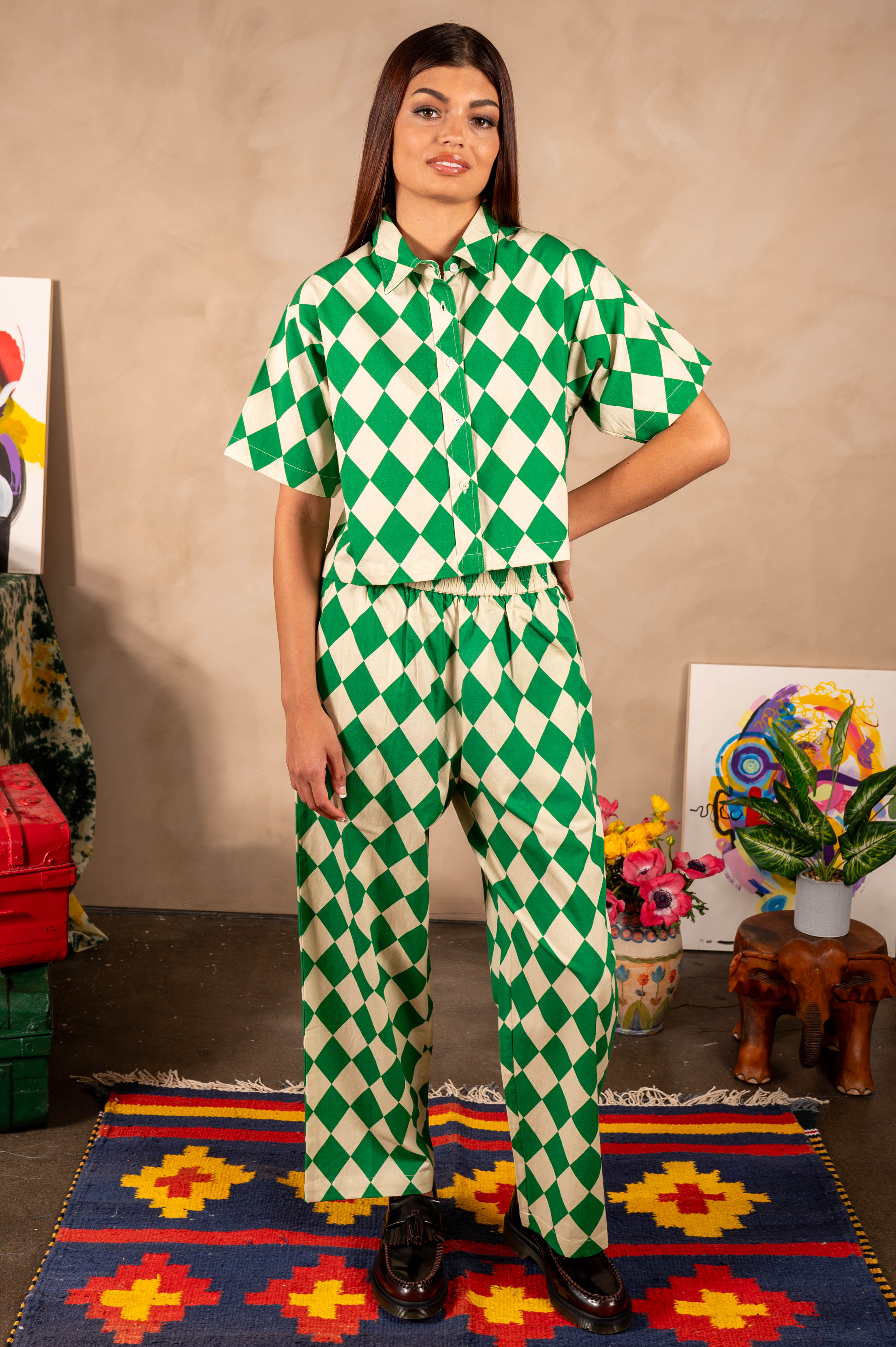 Hand Printed 'Seema' Pants in Green and Beige Rhombus