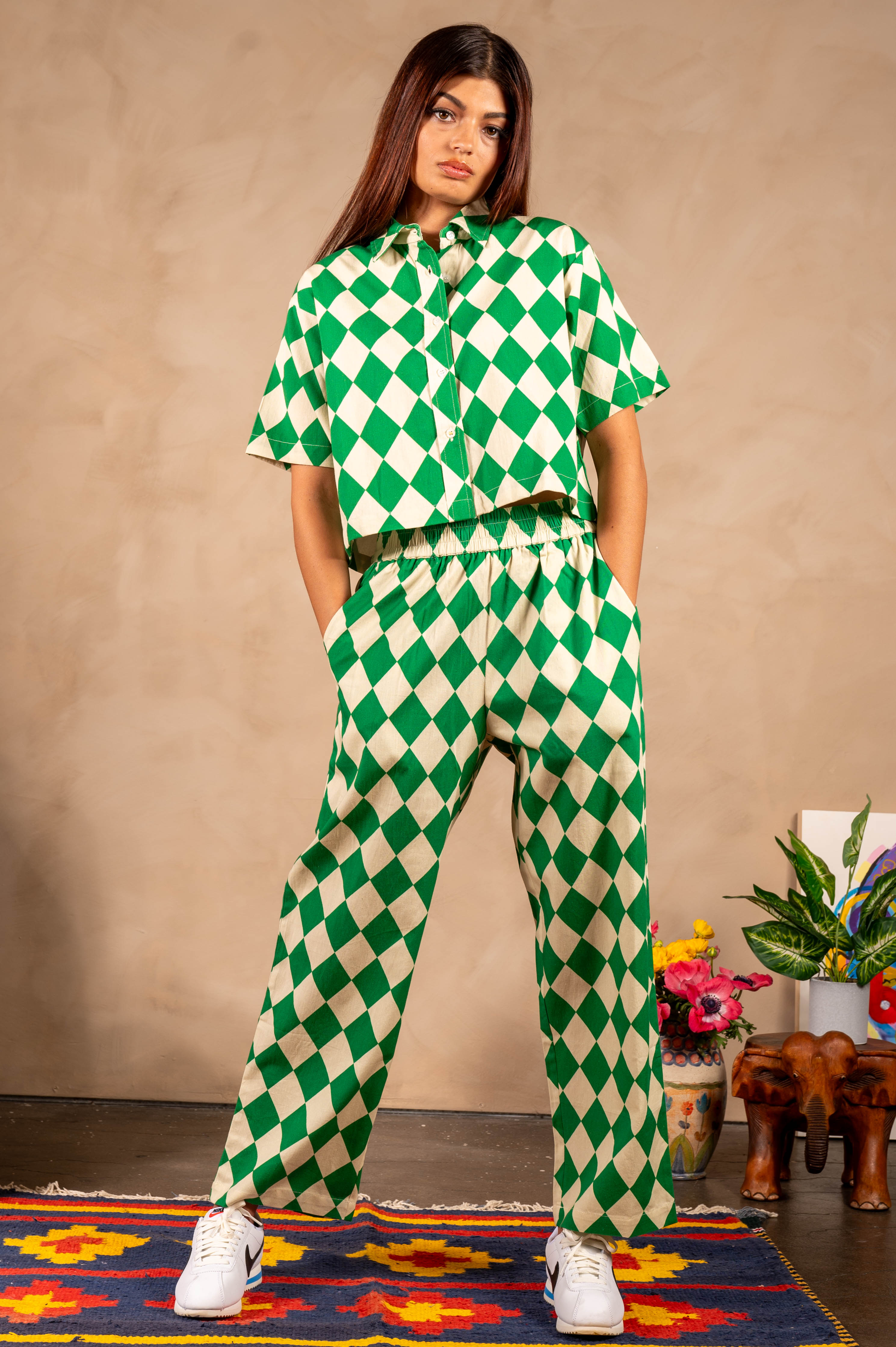 Hand Printed 'Seema' Pants in Green and Beige Rhombus