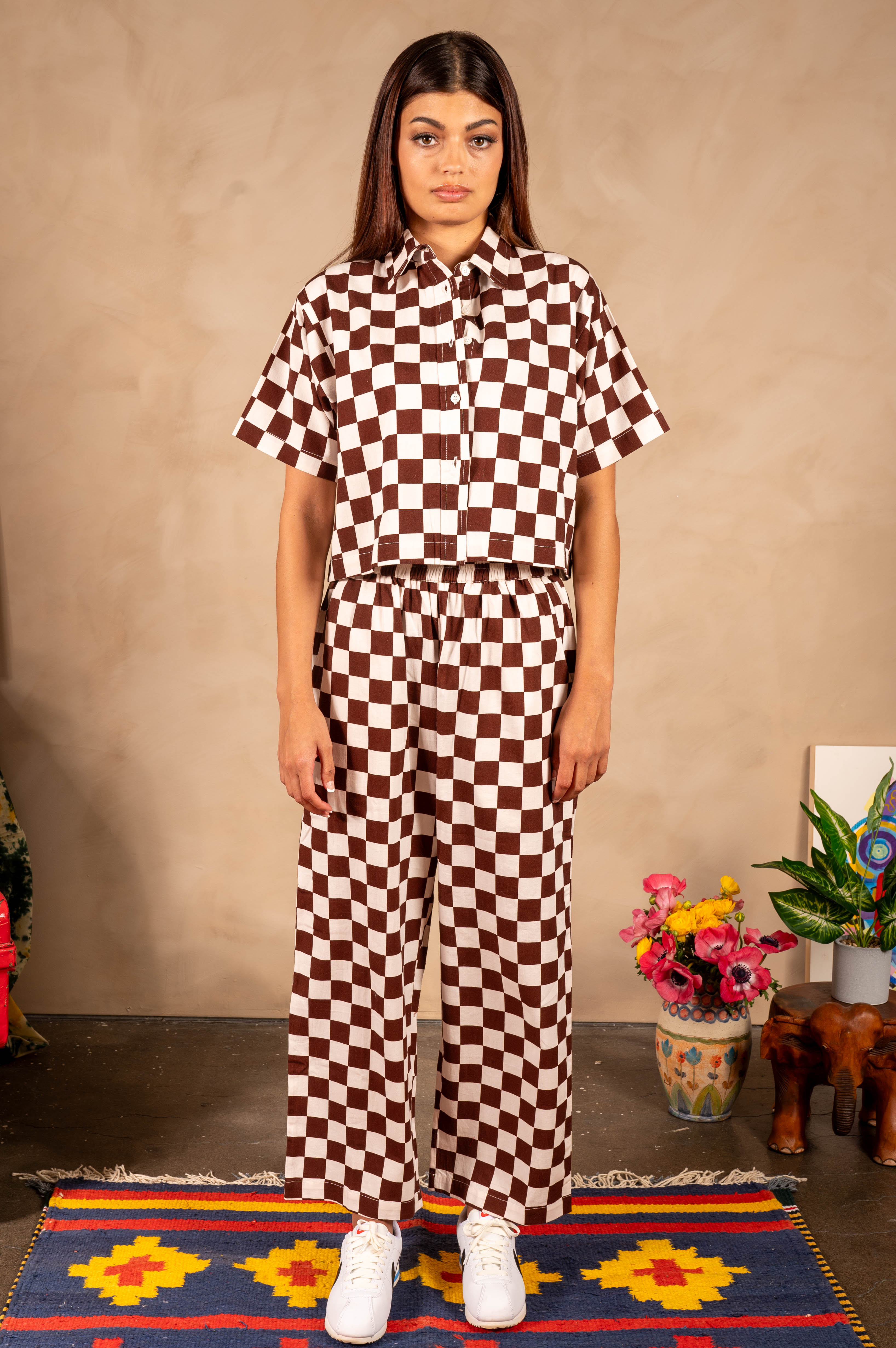 Hand Printed 'Seema' Pants in Chocolate and White Chessboard