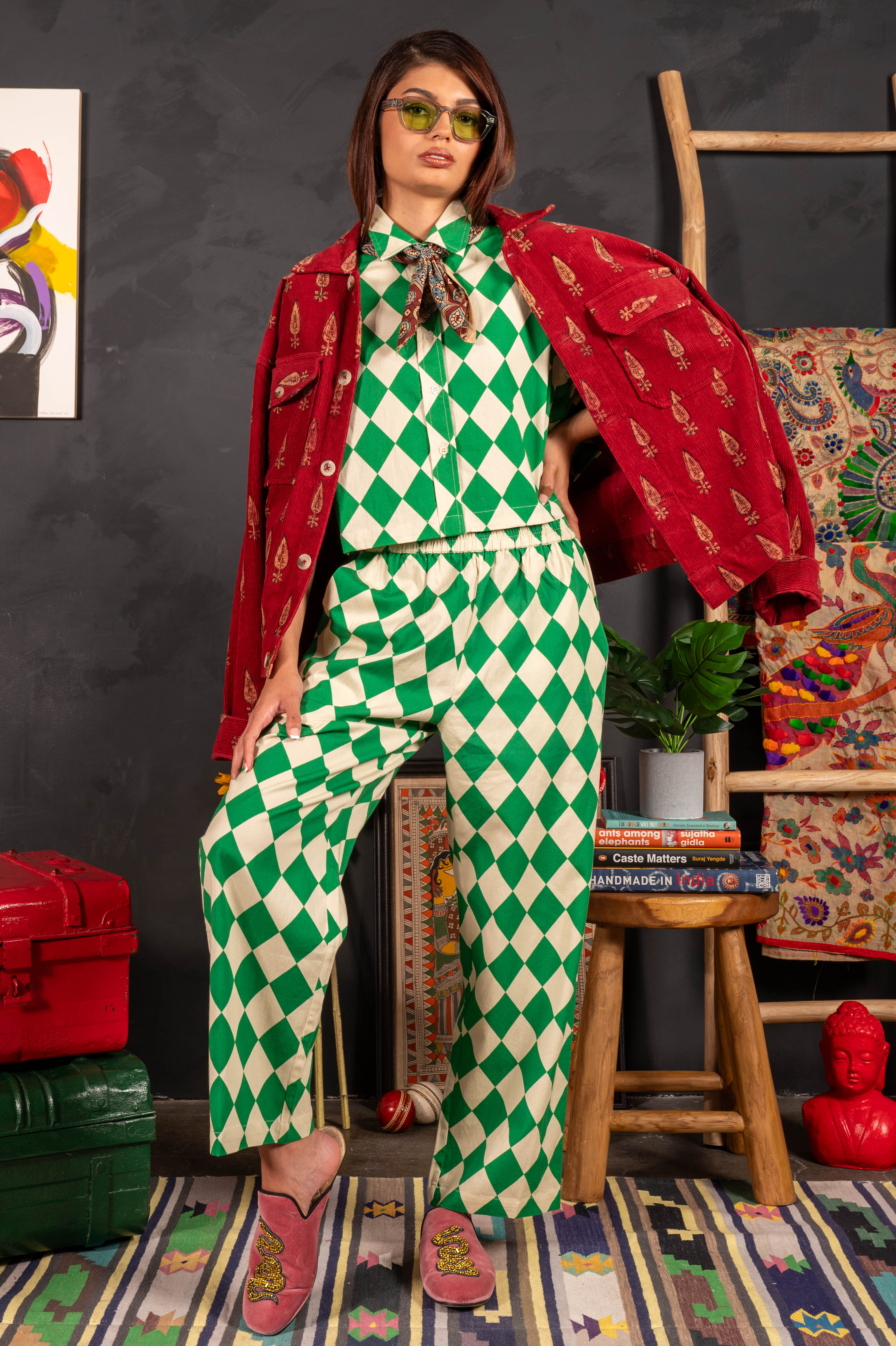 Hand Printed 'Seema' Pants in Green and Beige Rhombus