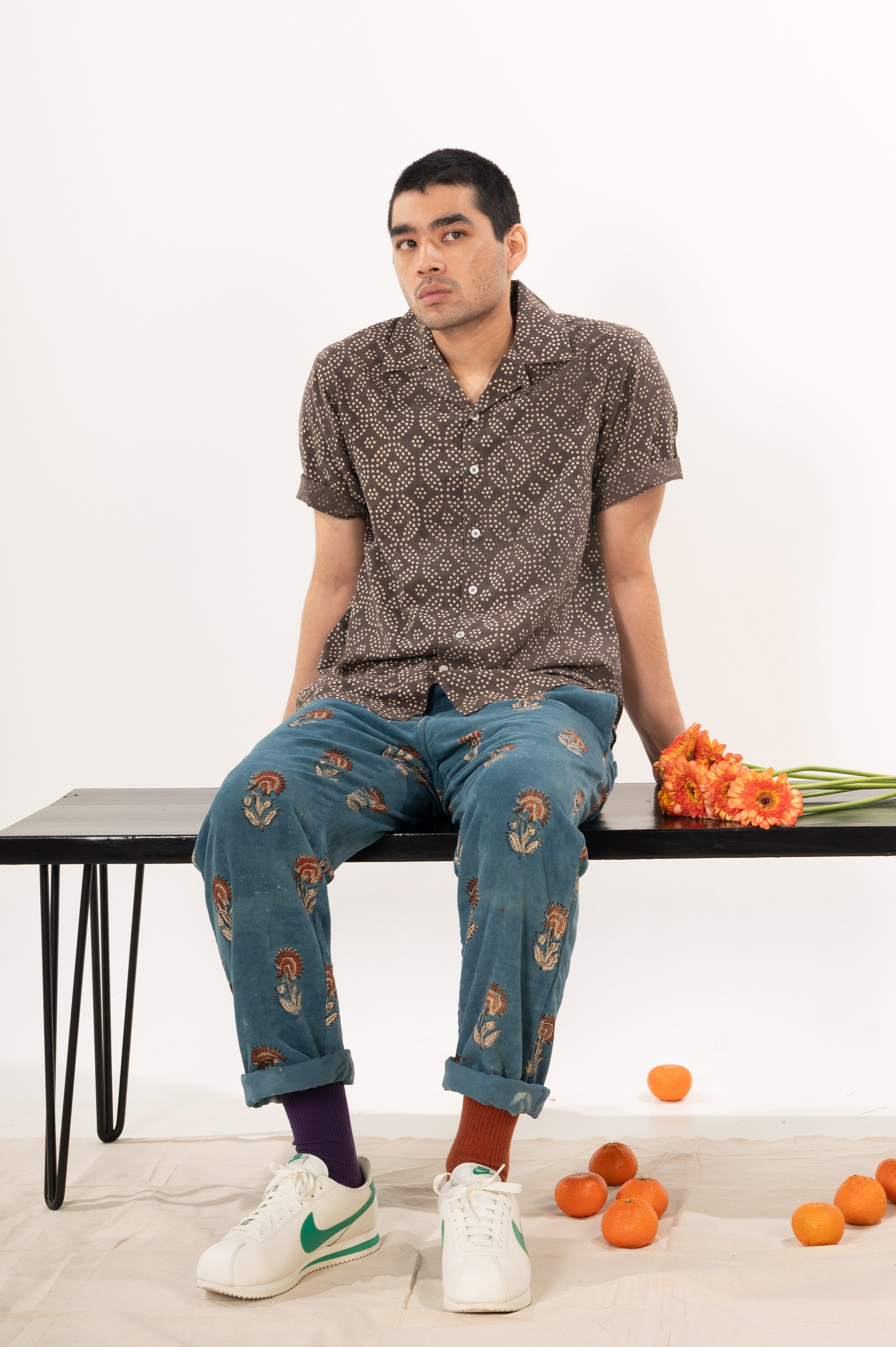 Hand Printed 'The Don' Camp Collar Shirt in Small Brown Circles