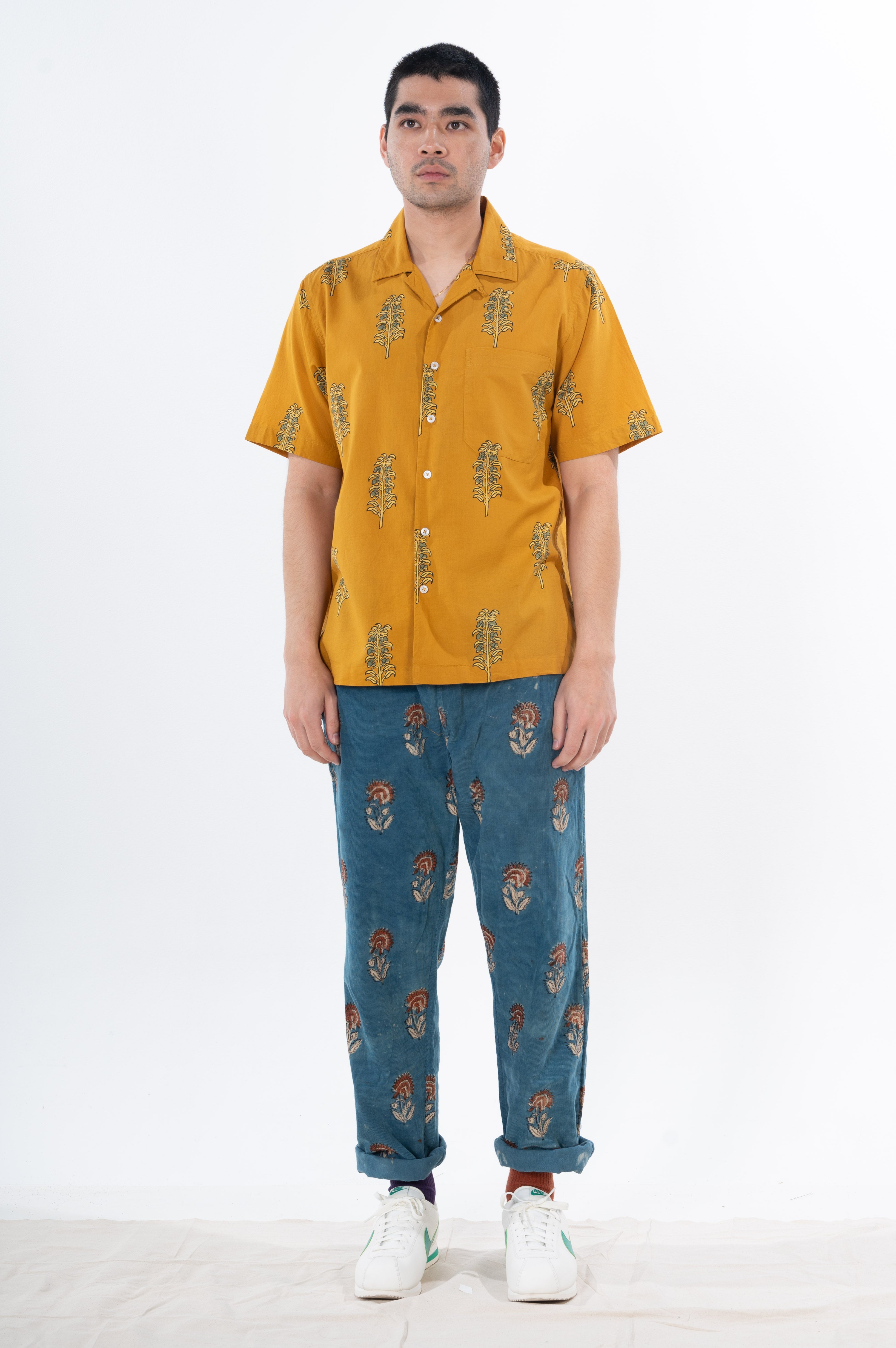 Hand Block Printed 'The Don' Camp Collar Shirt in Mustard Motif