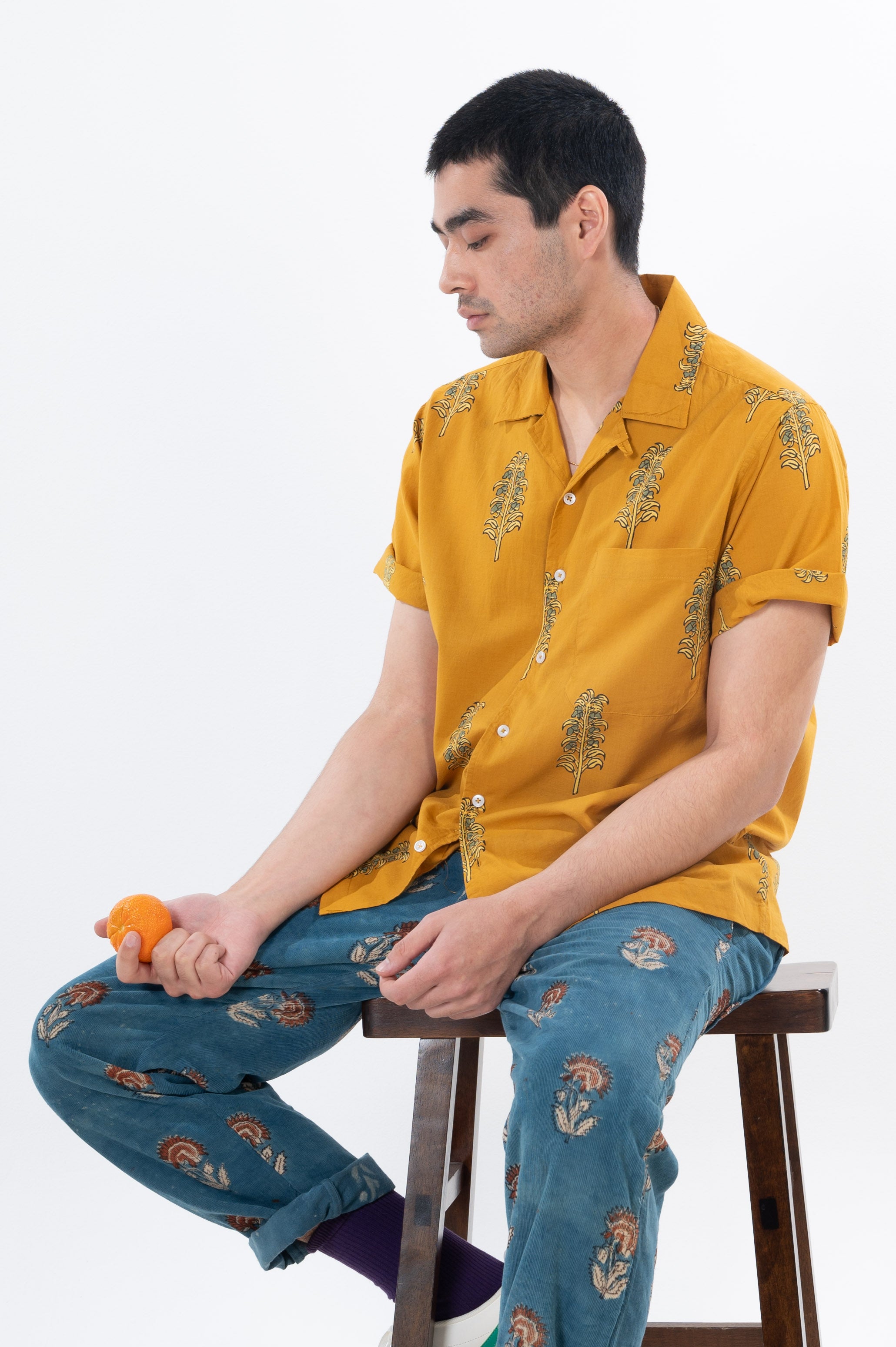 Hand Block Printed 'The Don' Camp Collar Shirt in Mustard Motif