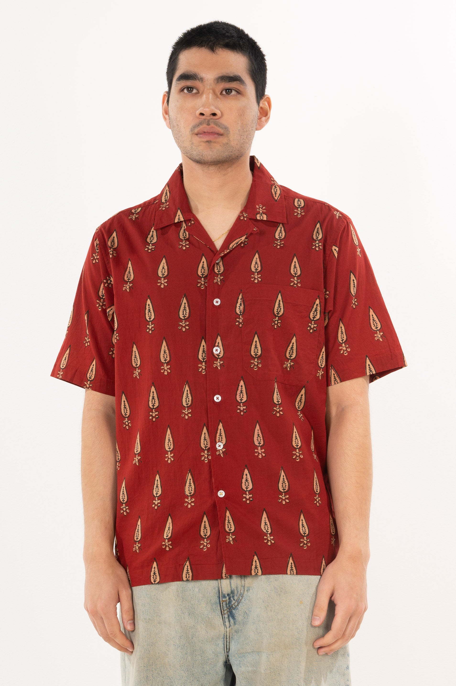 Hand Block Printed 'The Don' Camp Collar Shirt in Maroon Motif