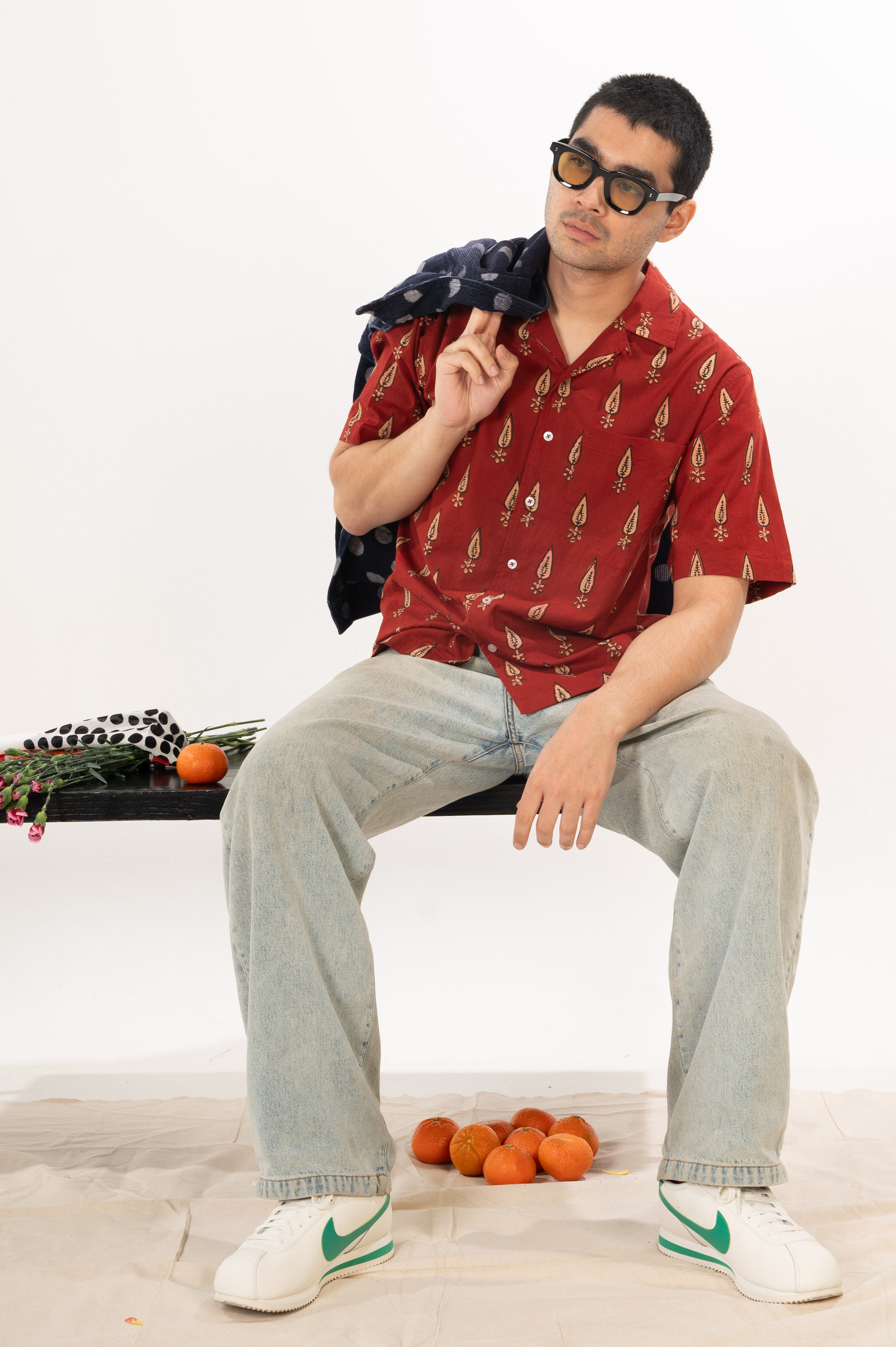 Hand Block Printed 'The Don' Camp Collar Shirt in Maroon Motif