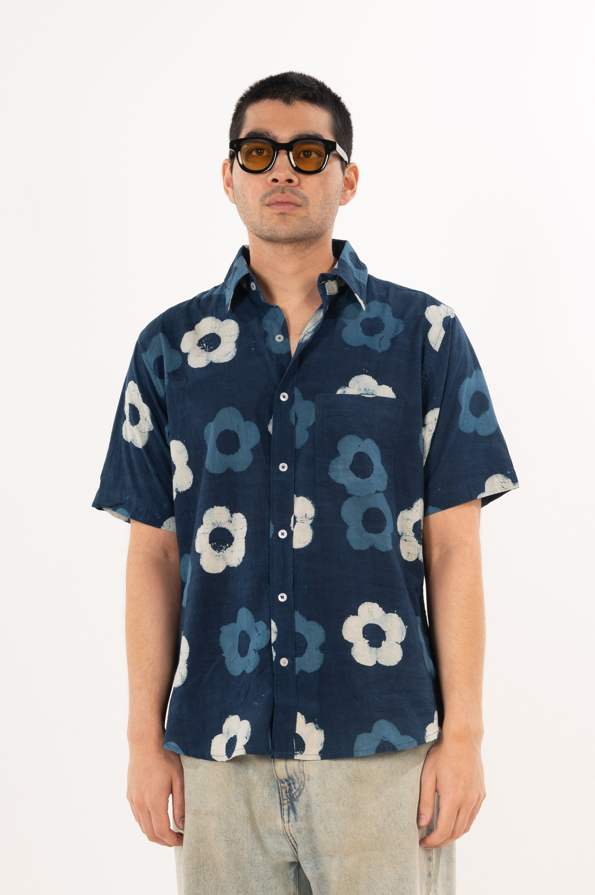'The Folk' Short Sleeve Shirt in Indigo Rose - Hand Block Printed