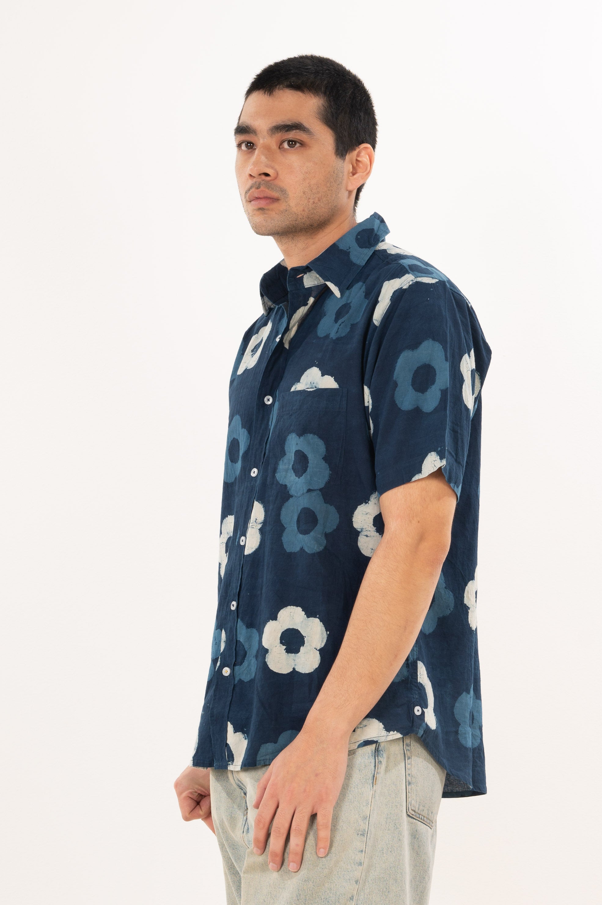 'The Folk' Short Sleeve Shirt in Indigo Rose - Hand Block Printed