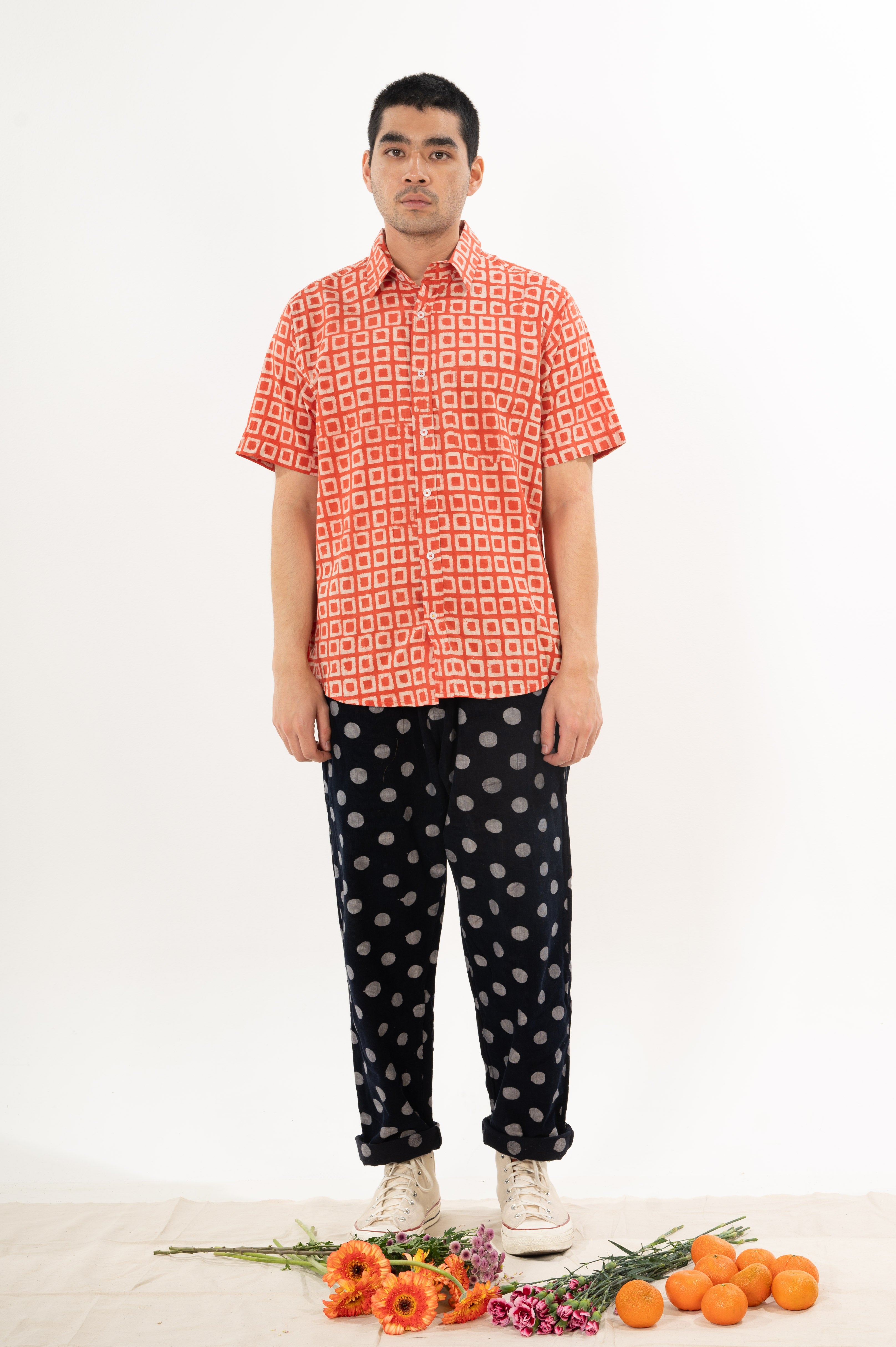 Hand Block Printed 'The Folk' Short Sleeve Shirt in Vintage Red Box