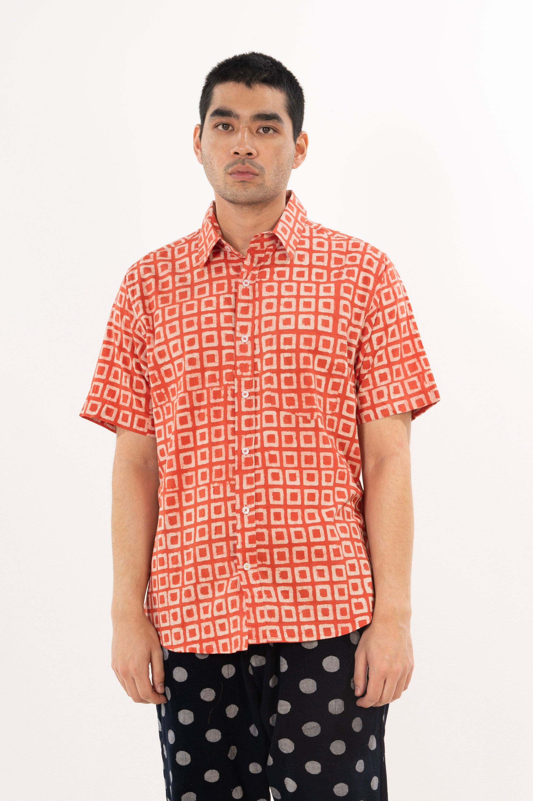 Hand Block Printed 'The Folk' Short Sleeve Shirt in Vintage Red Box