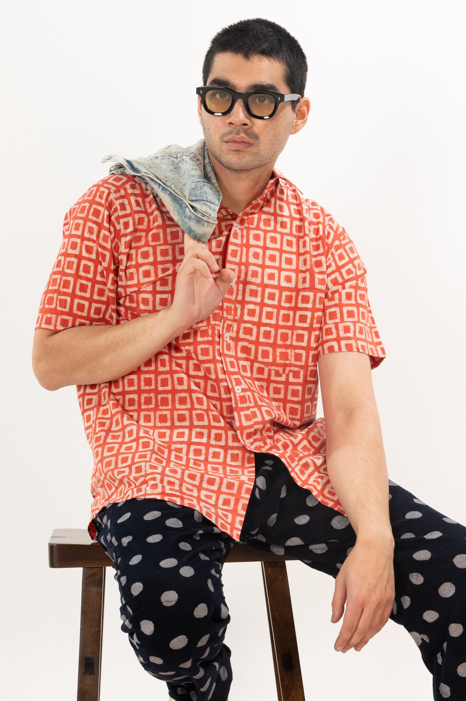 Hand Block Printed 'The Folk' Short Sleeve Shirt in Vintage Red Box