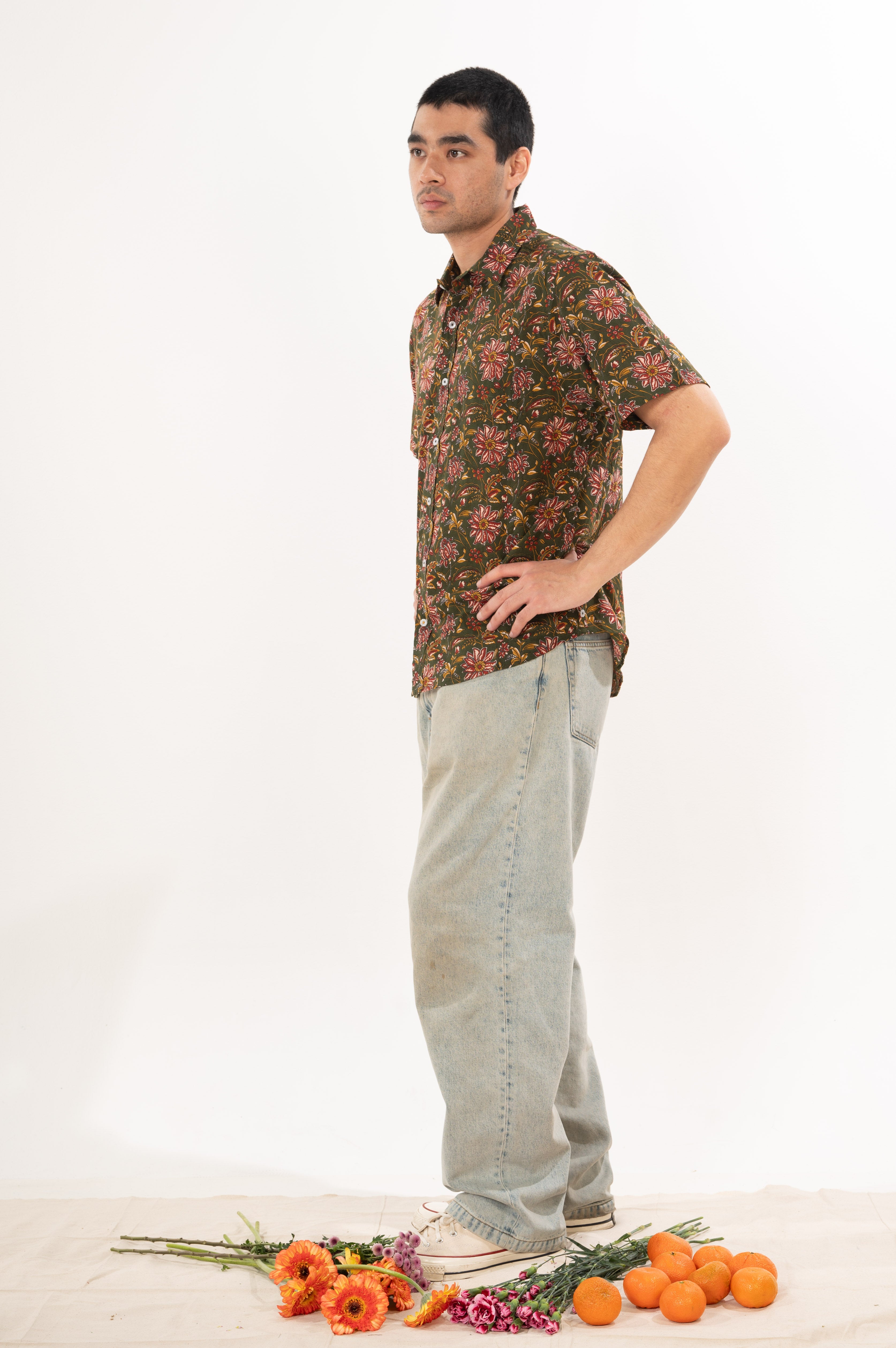 Hand Printed 'The Folk' Short Sleeve Shirt in French Green Floral