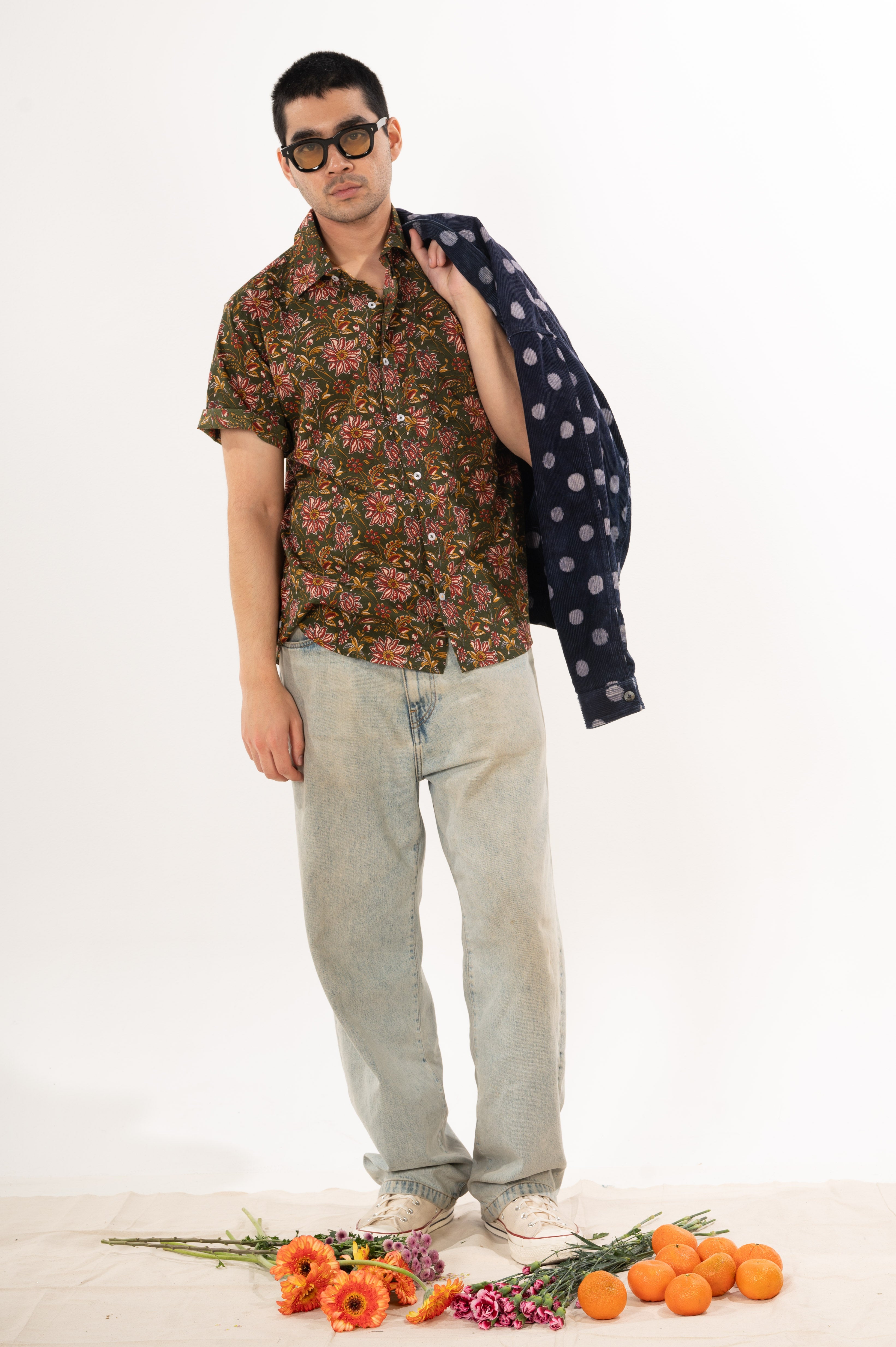 Hand Printed 'The Folk' Short Sleeve Shirt in French Green Floral