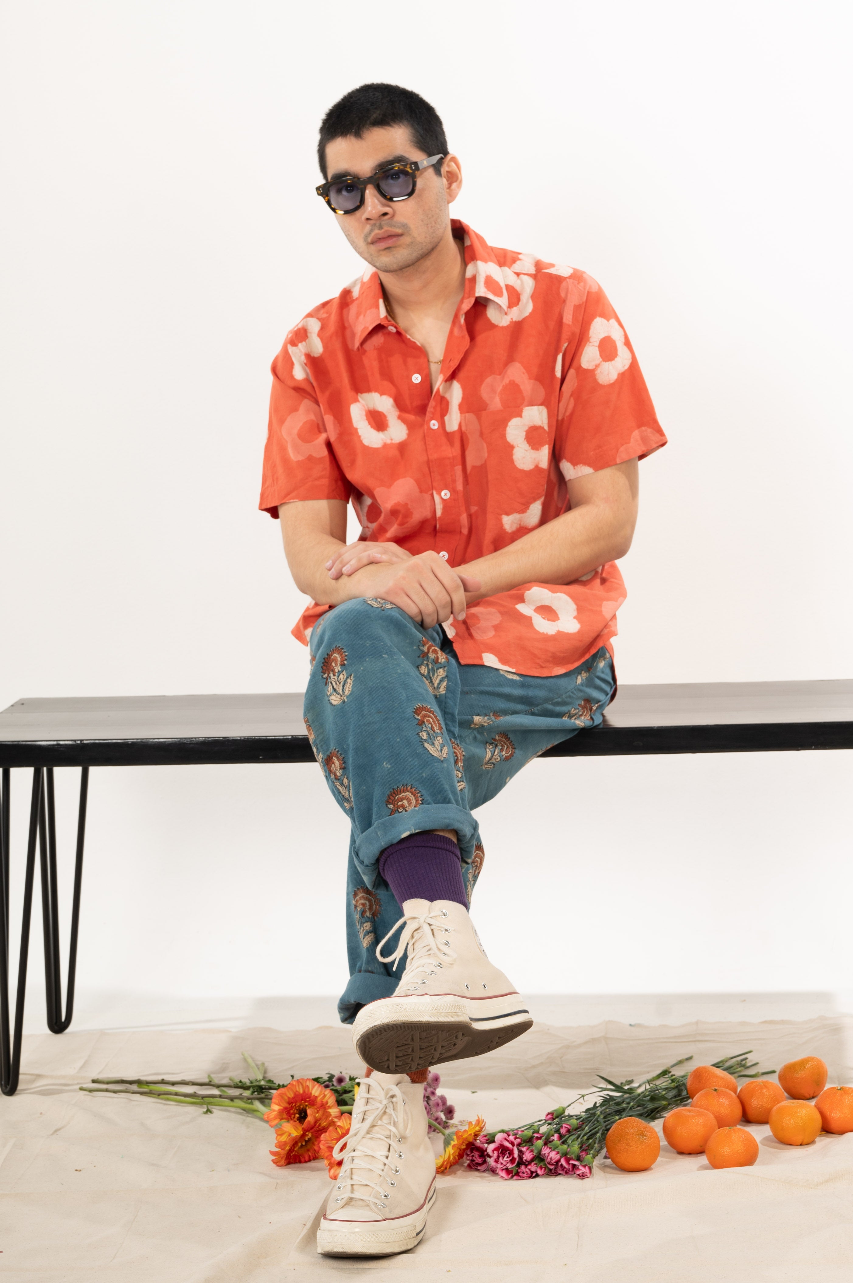 'The Folk' Short Sleeve Shirt in Red Rose - Hand Block Printed