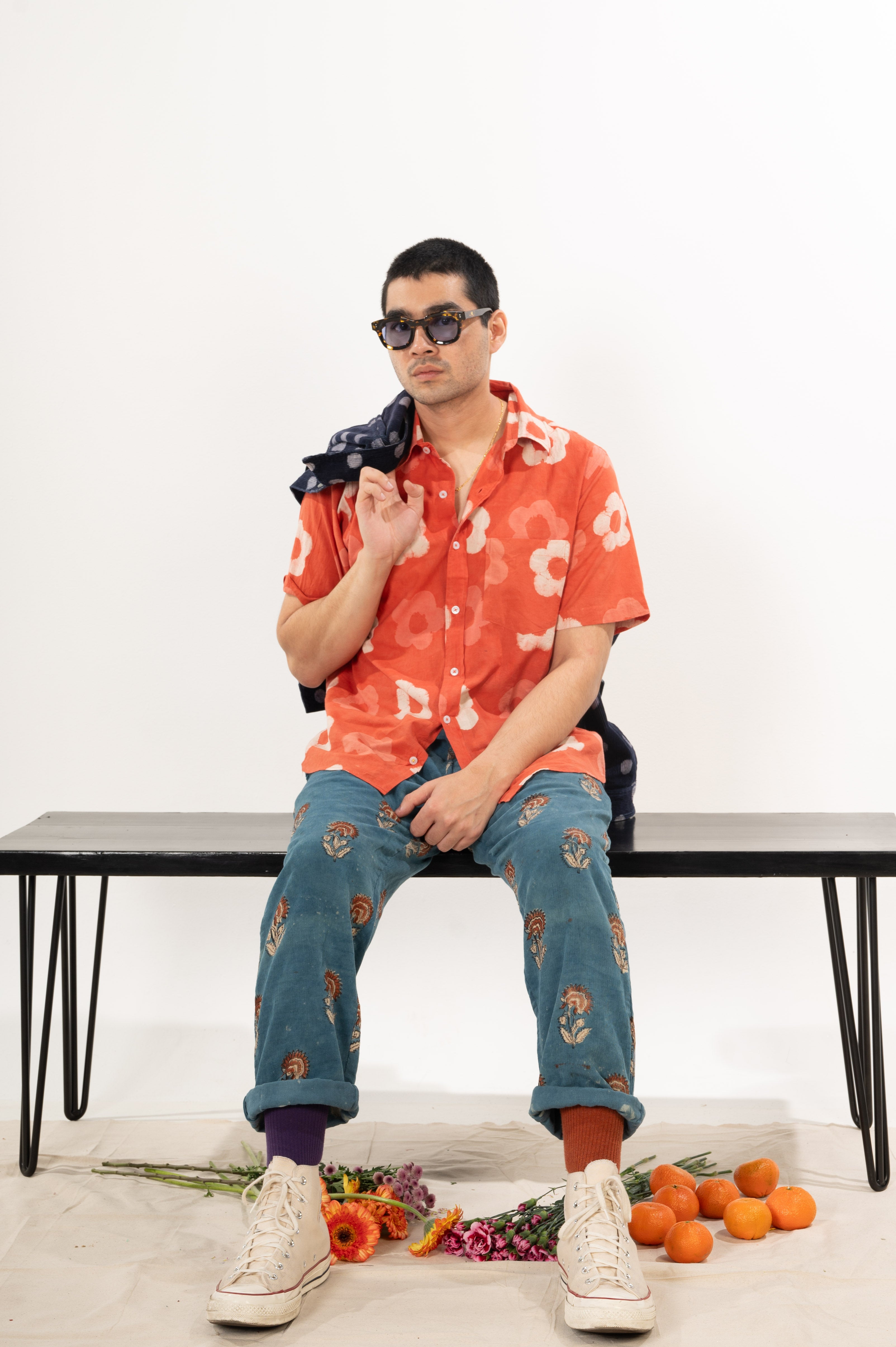 'The Folk' Short Sleeve Shirt in Red Rose - Hand Block Printed