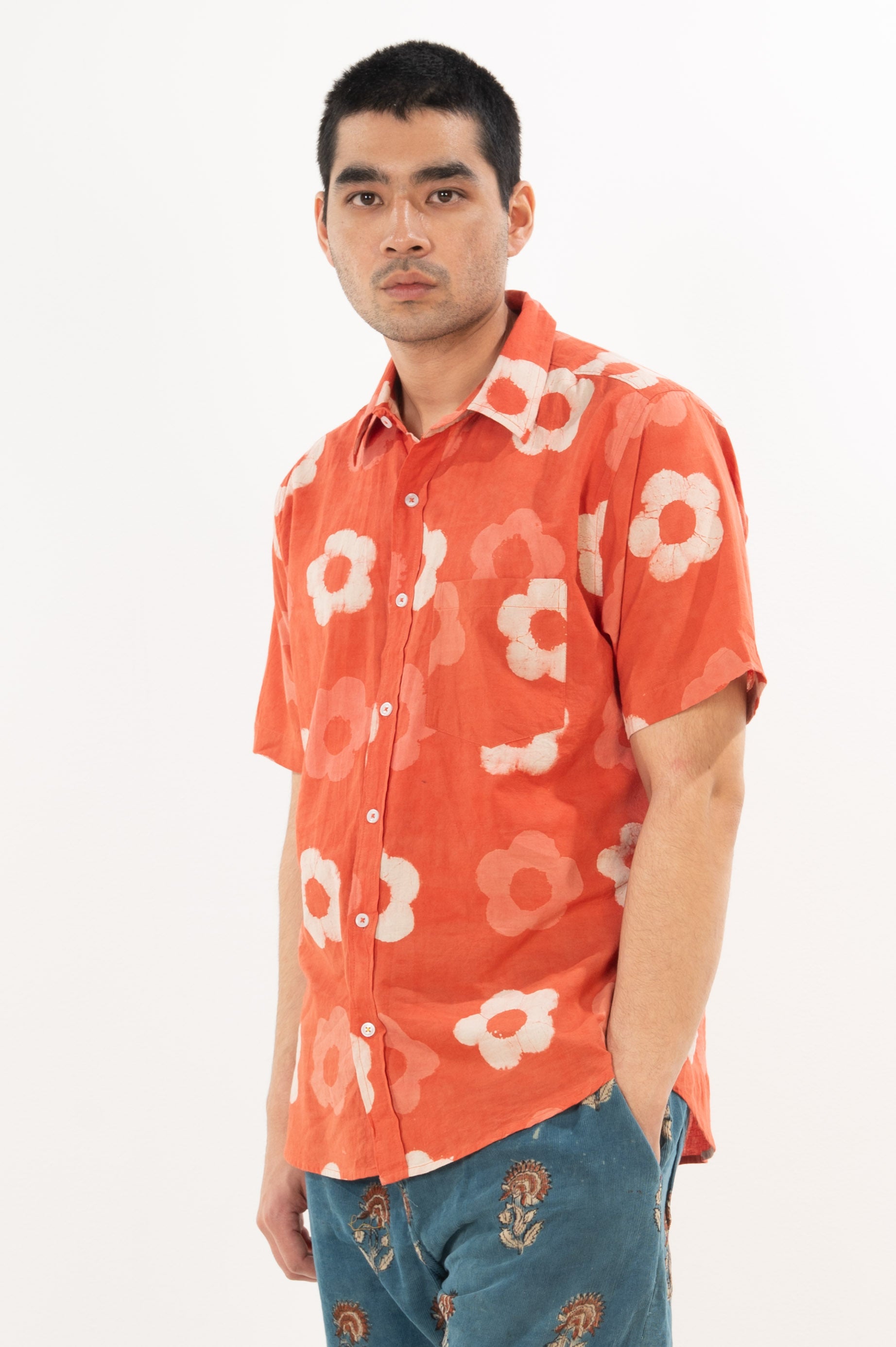 'The Folk' Short Sleeve Shirt in Red Rose - Hand Block Printed