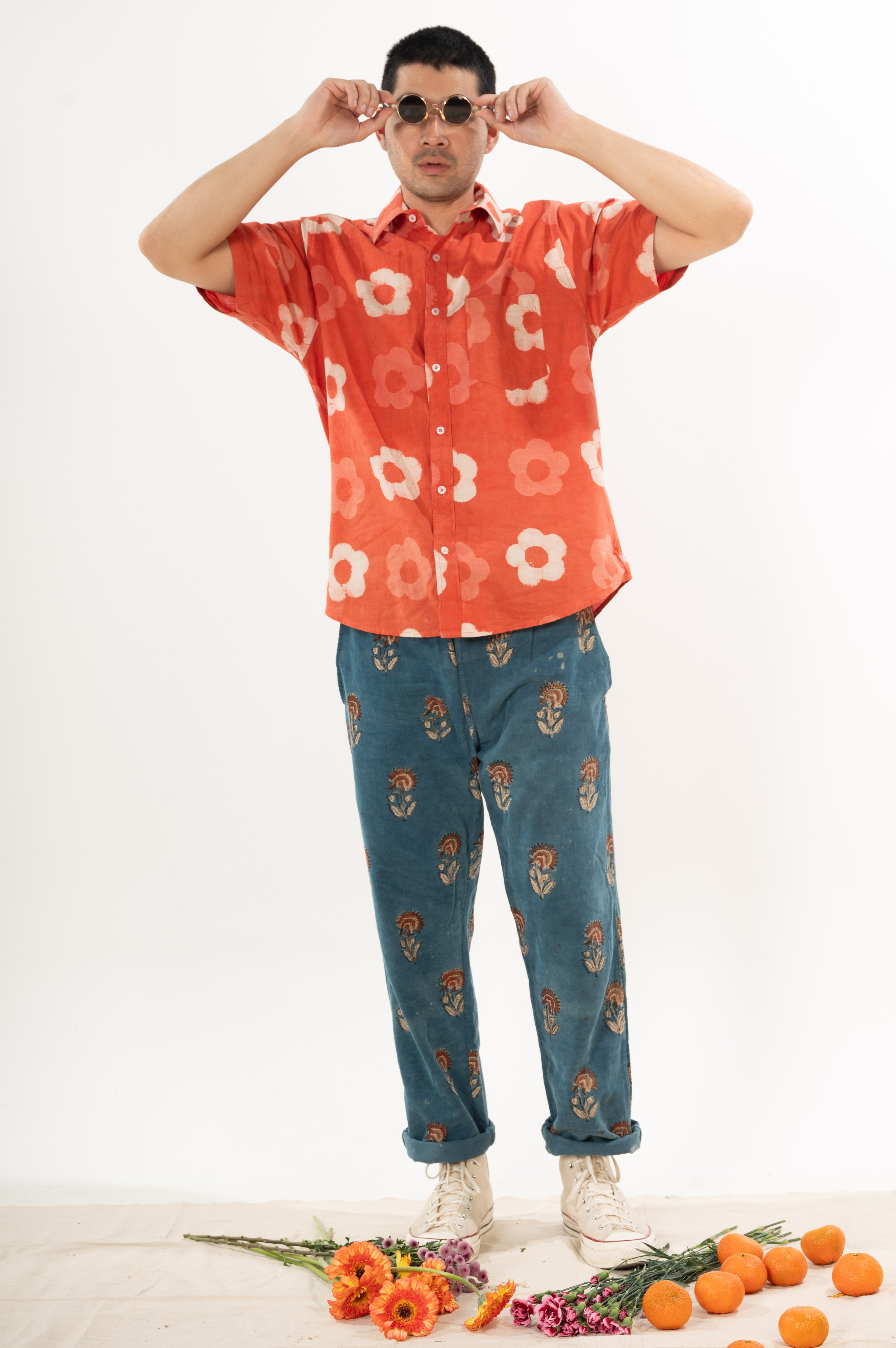 'The Folk' Short Sleeve Shirt in Red Rose - Hand Block Printed